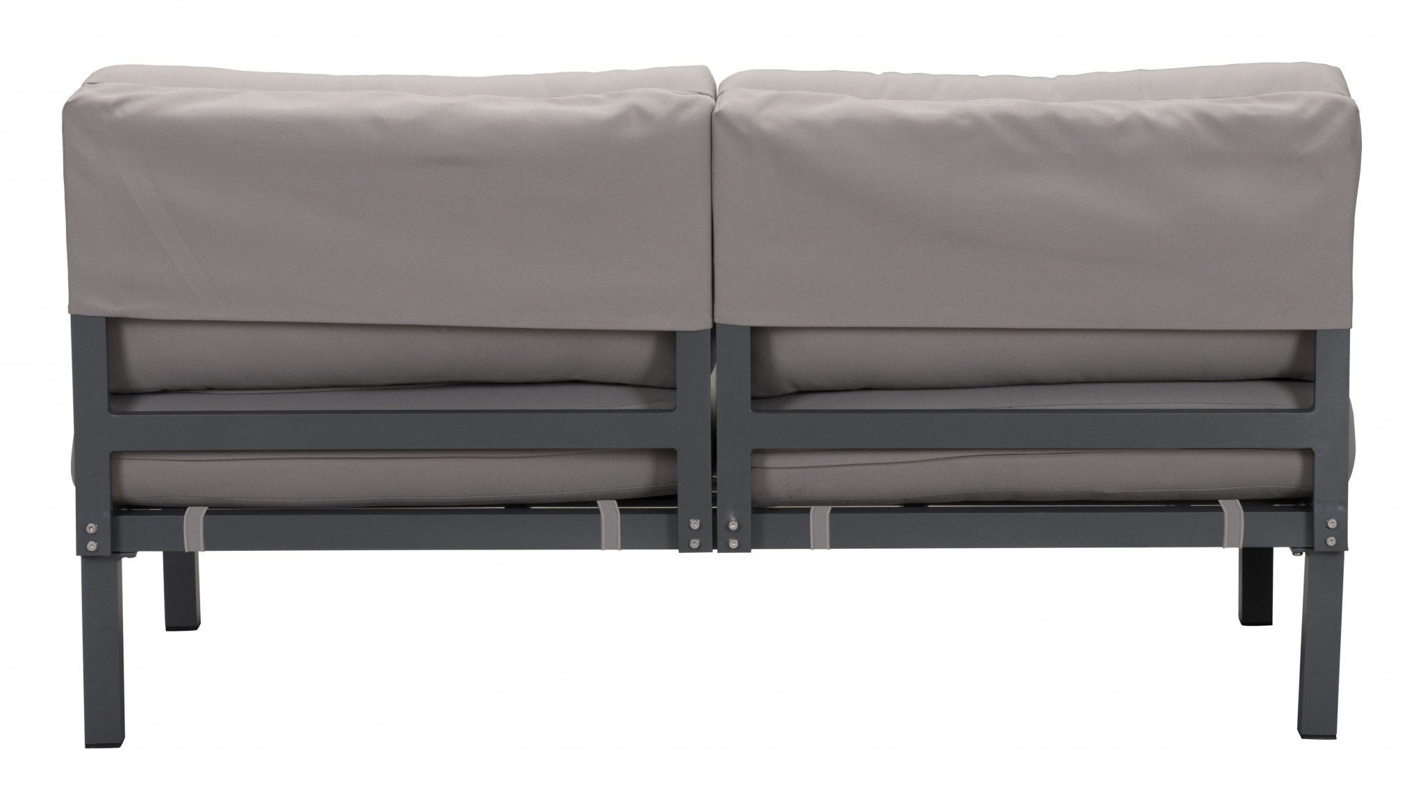 Modern dark gray armless loveseat with plush cushions, perfect for outdoor seating arrangements.