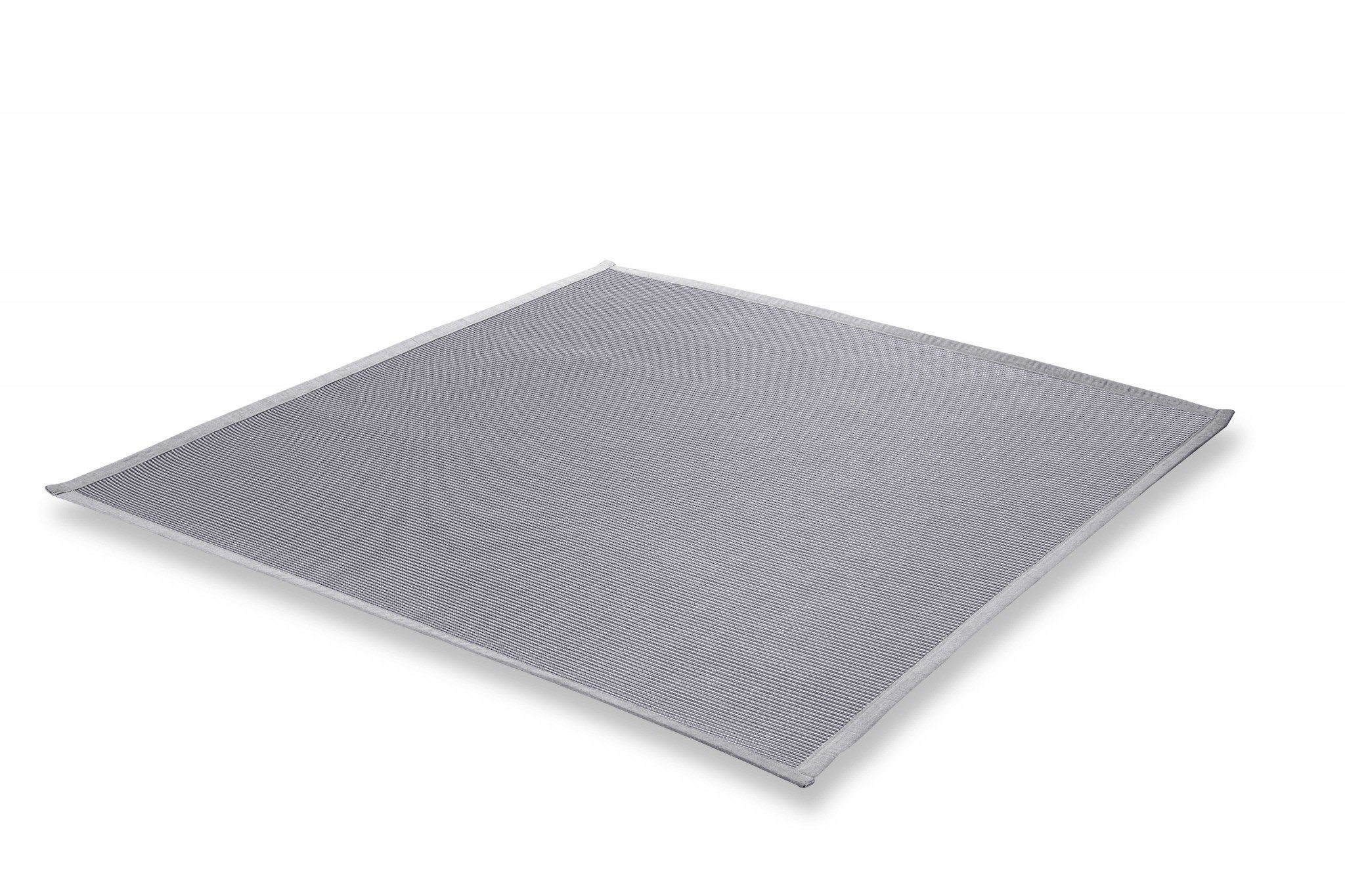A stylish 59" x 55" light gray Sunbrella rug, perfect for indoor and outdoor use, showcasing a contemporary design.