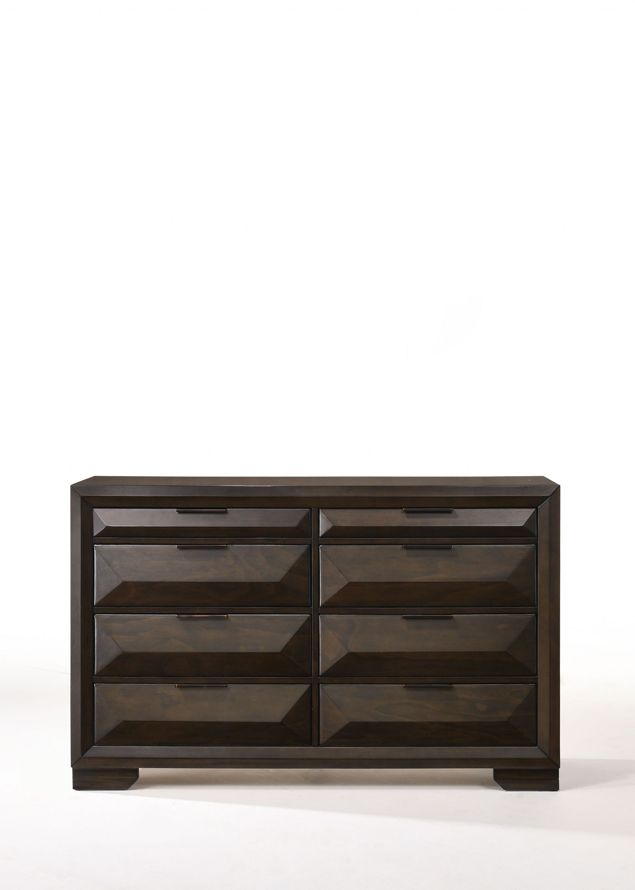 Espresso rubber wood dresser with eight drawers and bracket feet, showcasing a contemporary design suitable for modern bedrooms.