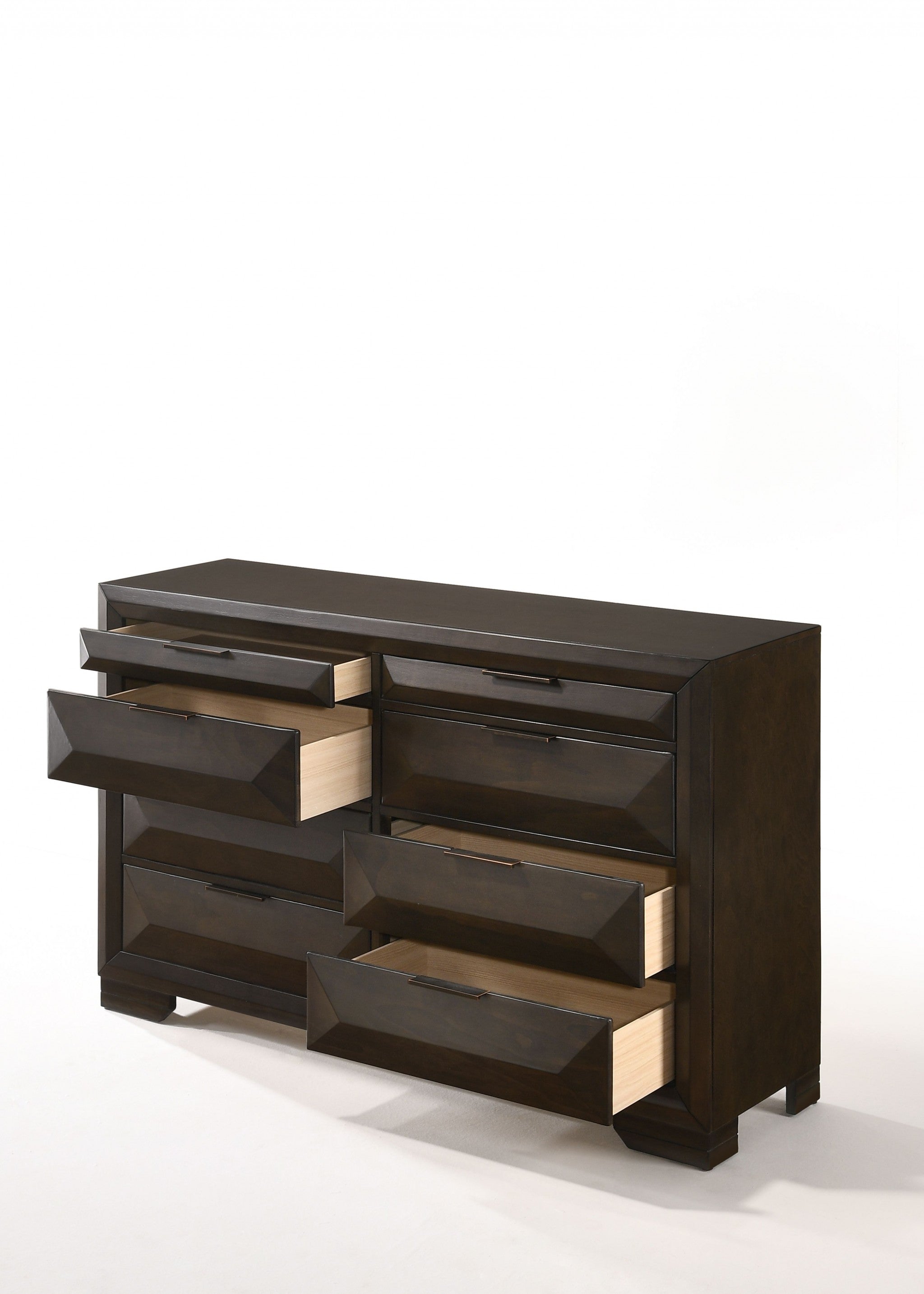 Espresso rubber wood dresser with eight drawers and bracket feet, showcasing a contemporary design suitable for modern bedrooms.