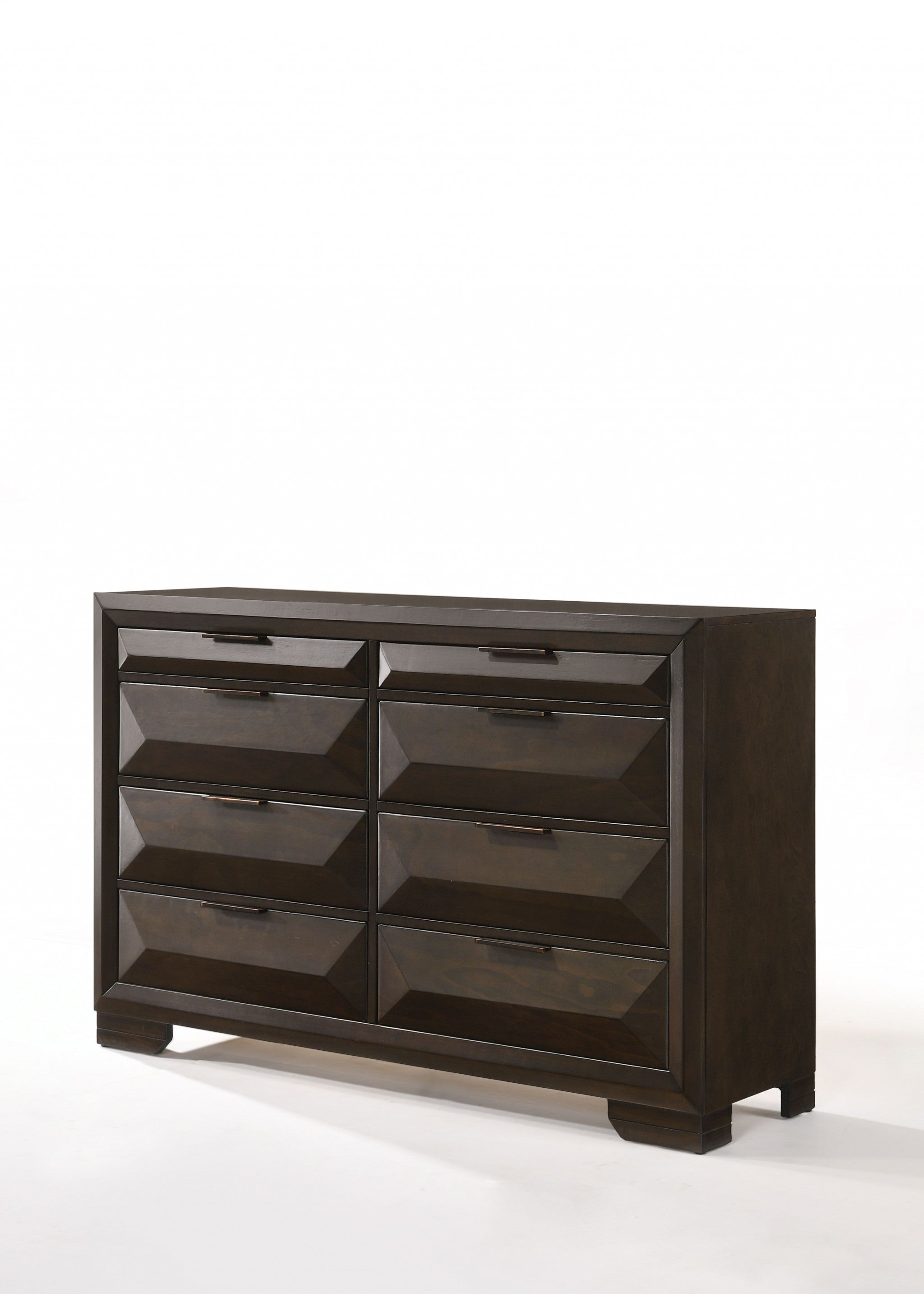Espresso rubber wood dresser with eight drawers and bracket feet, showcasing a contemporary design suitable for modern bedrooms.