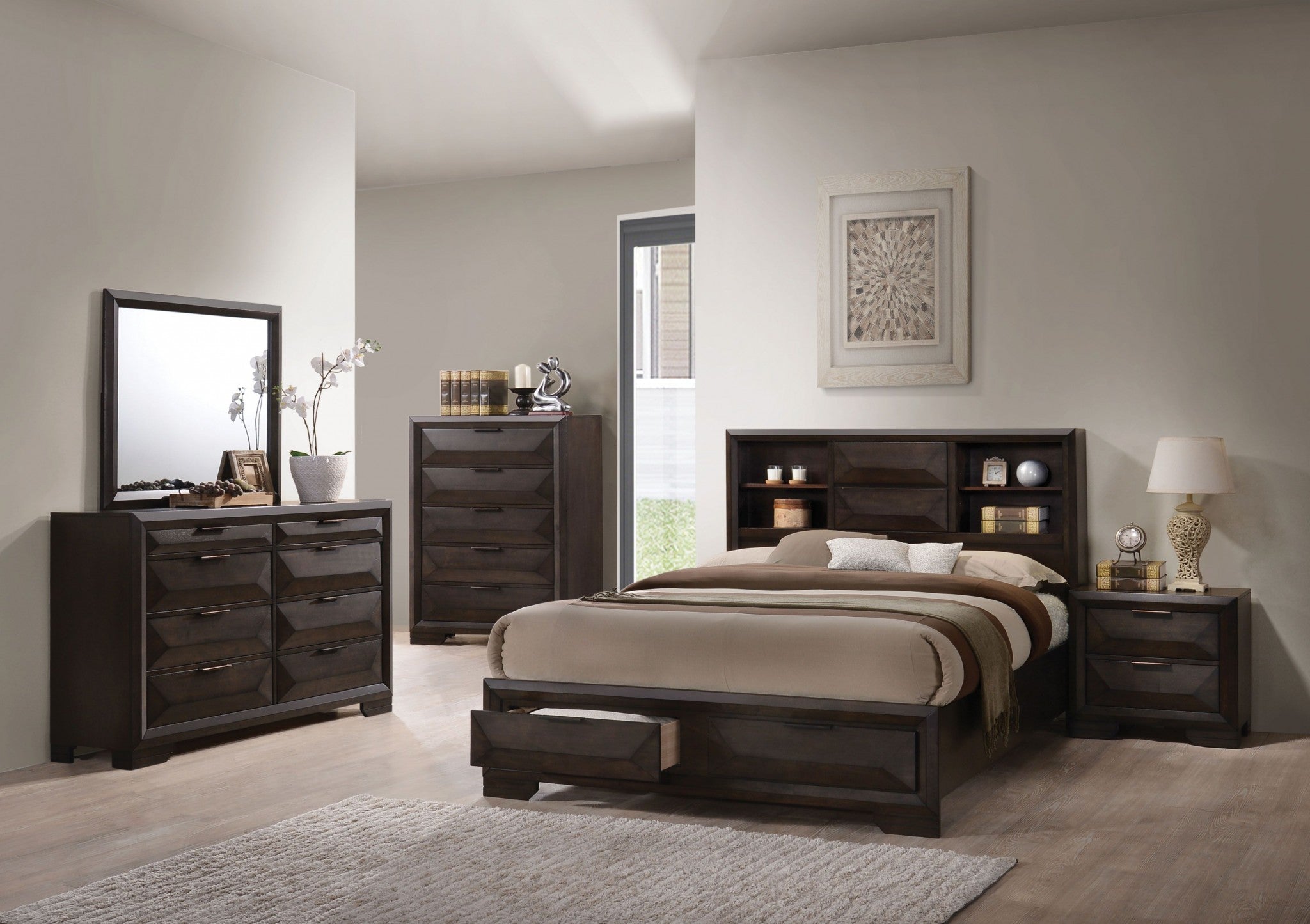 Espresso rubber wood dresser with eight drawers and bracket feet, showcasing a contemporary design suitable for modern bedrooms.