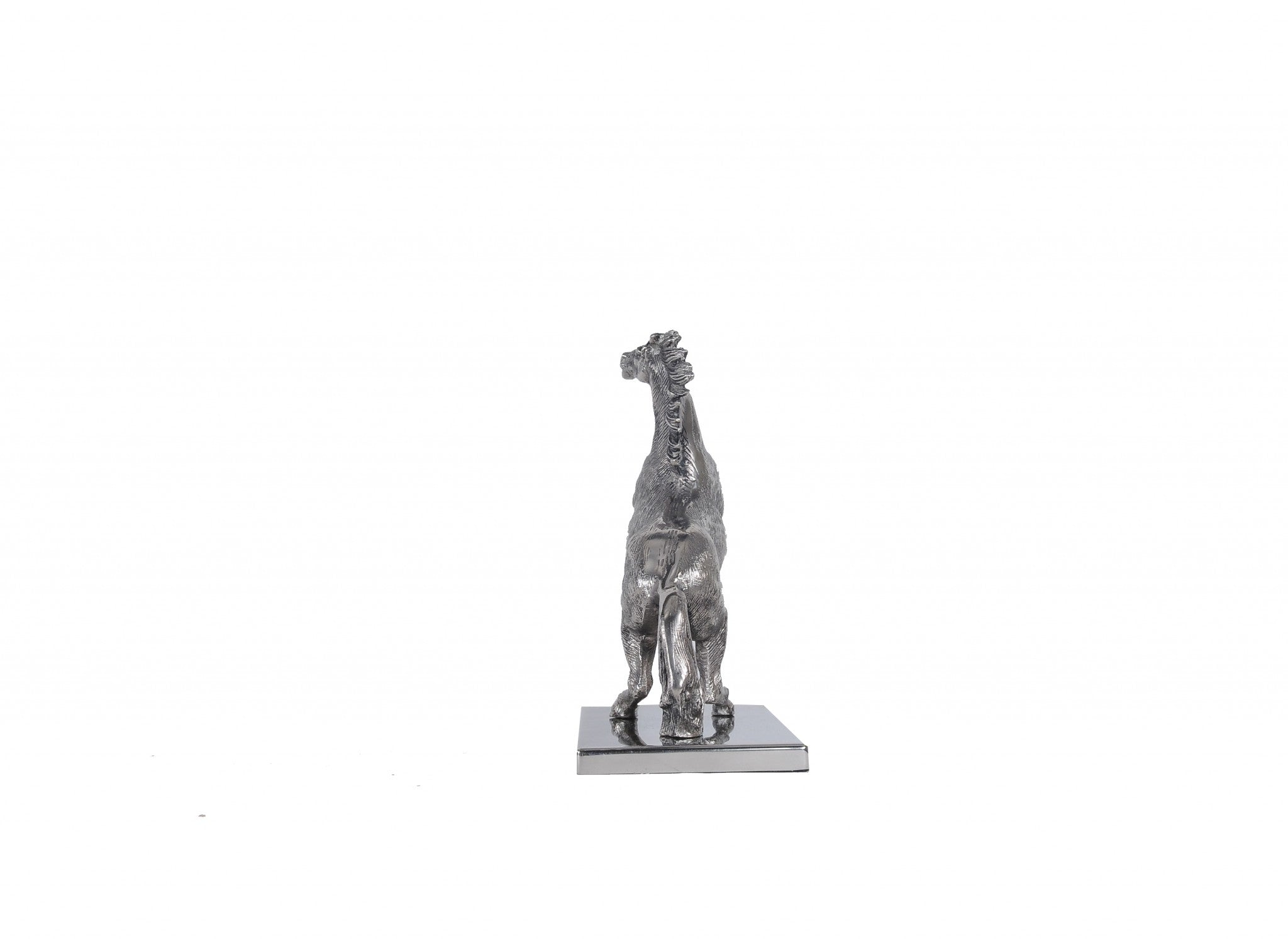 A detailed horse statue made of solid aluminum with a nickel-plated finish, showcasing intricate features on a sturdy base.