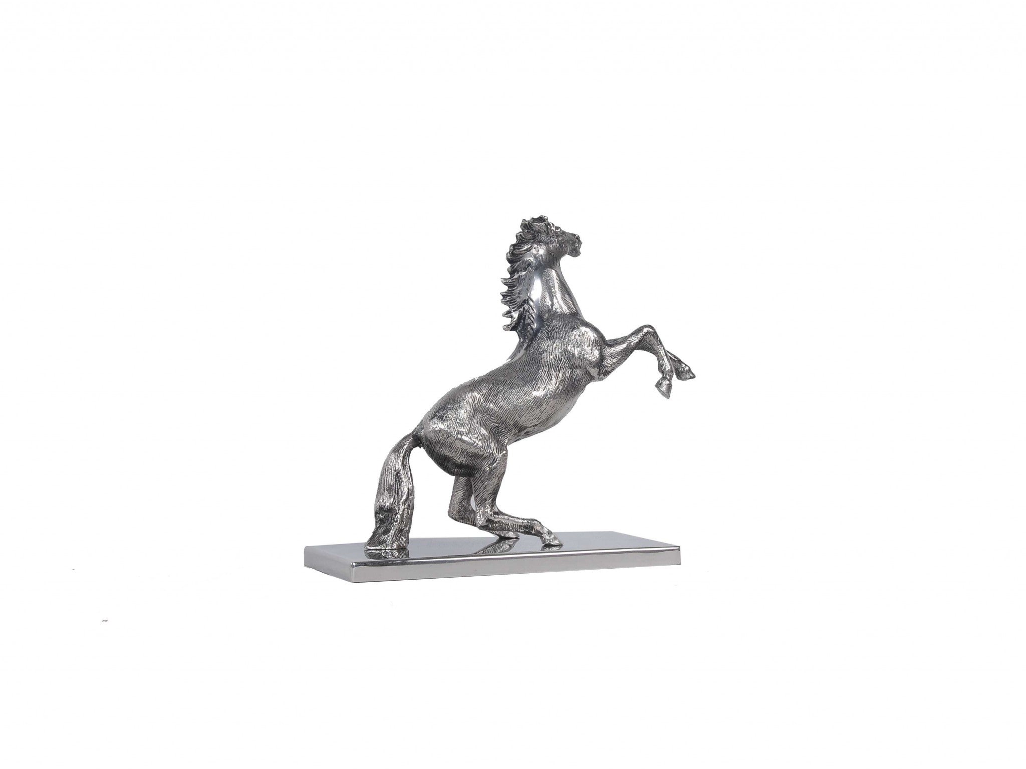 A detailed horse statue made of solid aluminum with a nickel-plated finish, showcasing intricate features on a sturdy base.