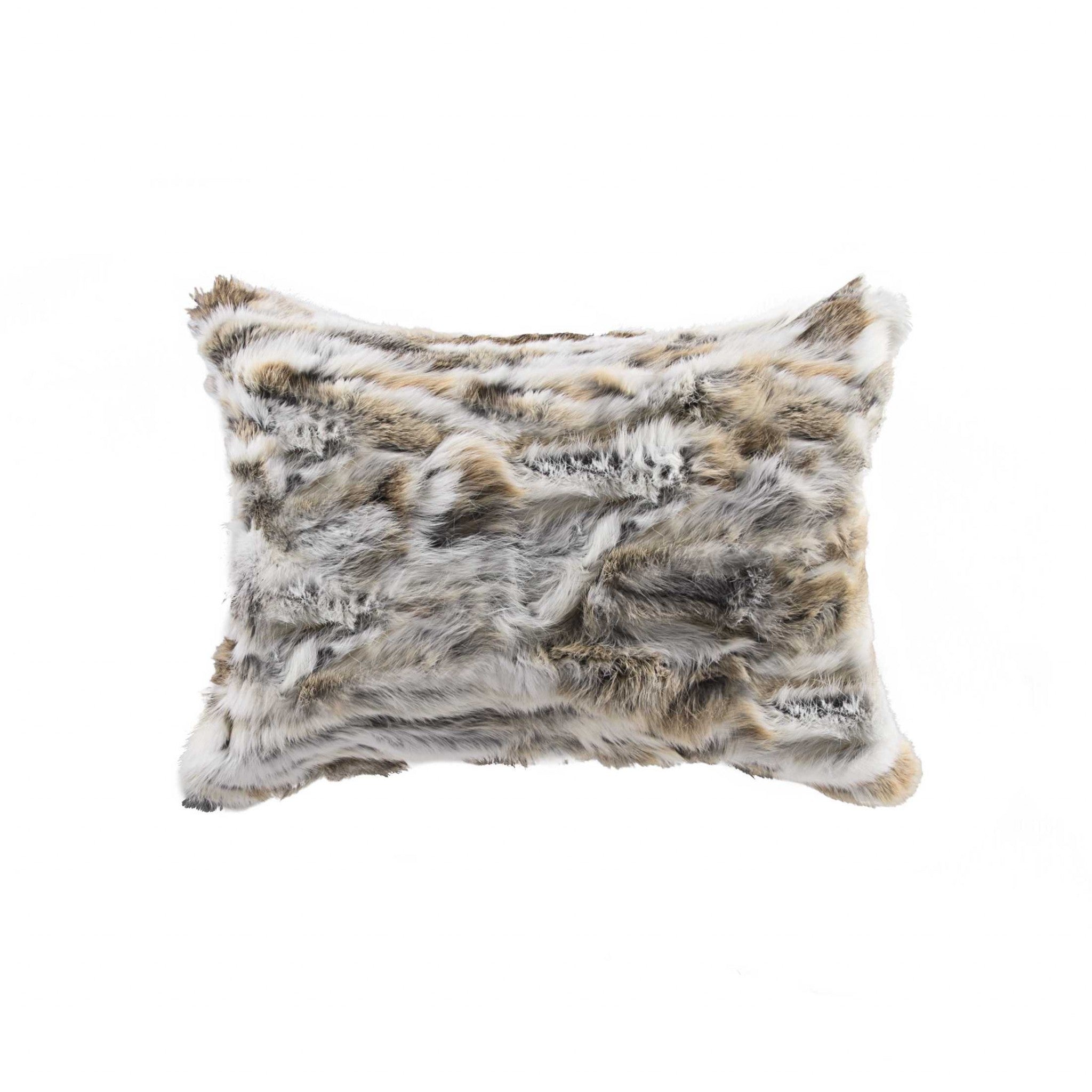 Luxurious 5x12x20 inches tan and white rabbit fur pillow, showcasing its soft texture and elegant design.