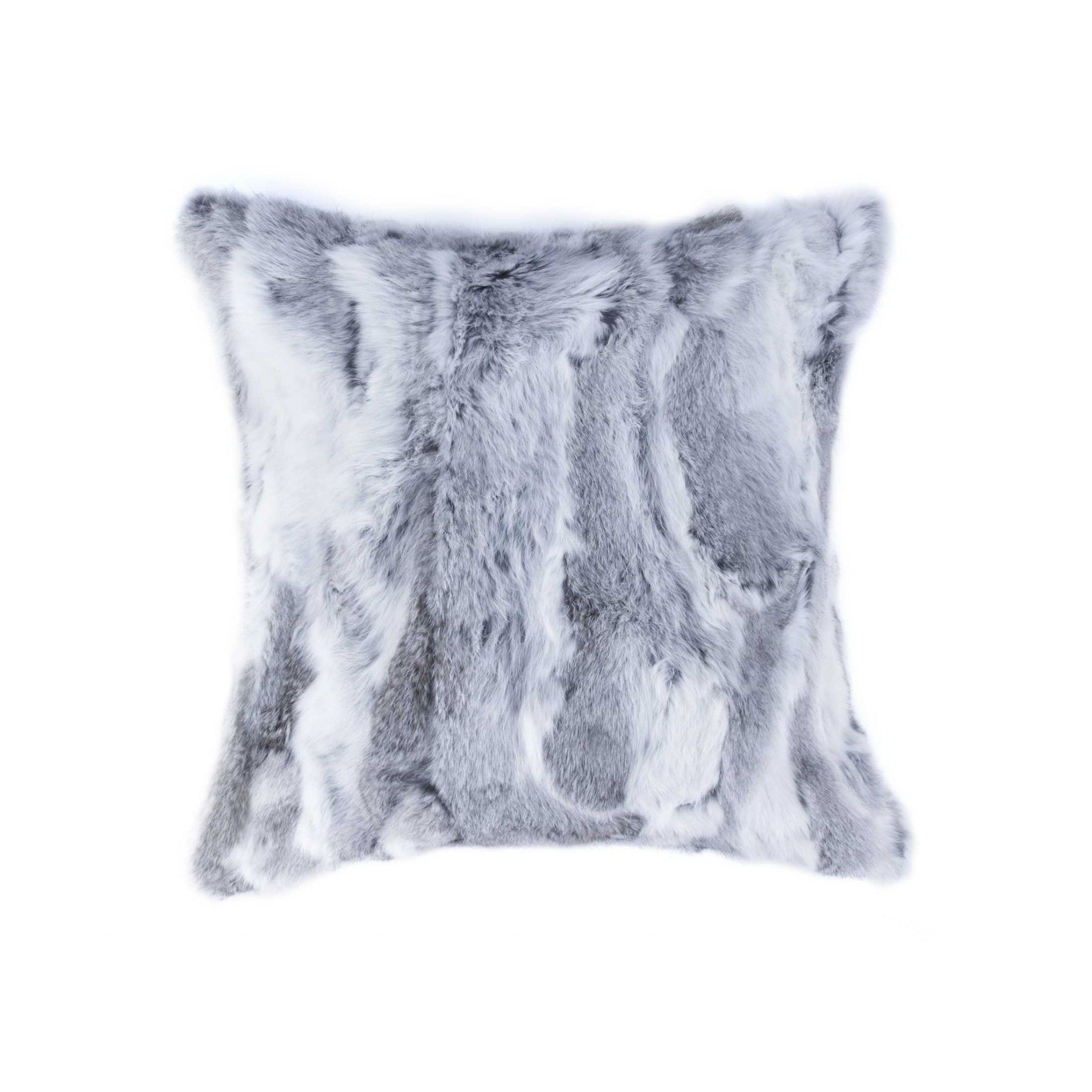 Luxurious 5x18x18 inches grey pillow made from 100% natural rabbit fur, featuring a soft micro suede backing and hand-tufted design.