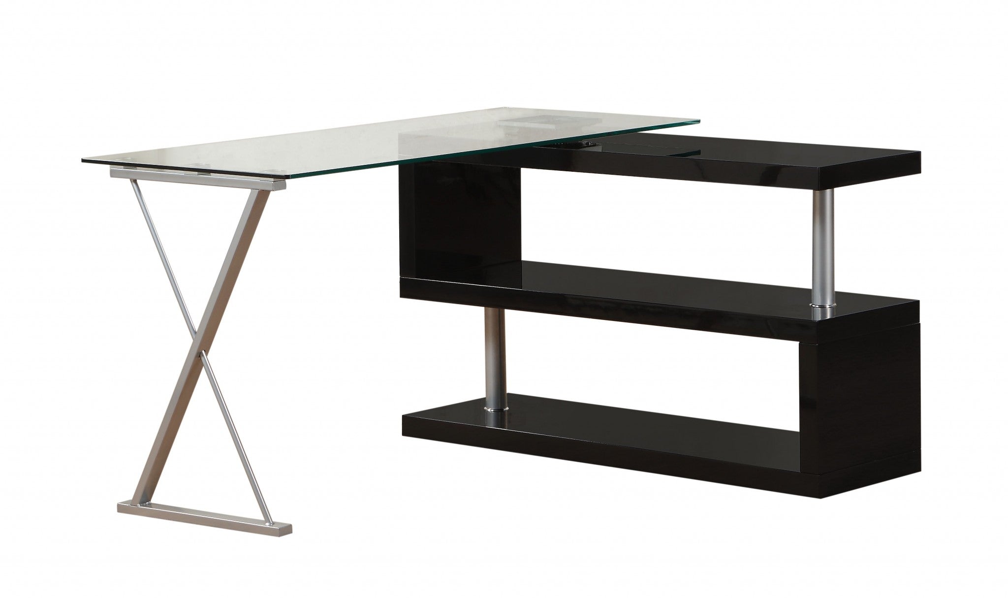 A modern black high gloss clear glass office desk featuring an L-shape design with a clear glass top and X-shape metal legs.