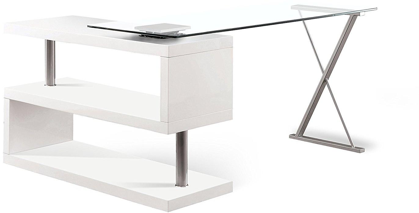 A modern black high gloss clear glass office desk featuring an L-shape design with a clear glass top and X-shape metal legs.