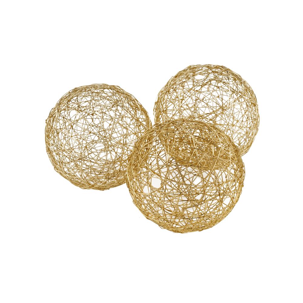 Set of three gold iron wire spheres, each measuring 5 inches, showcasing modern elegance and intricate design.