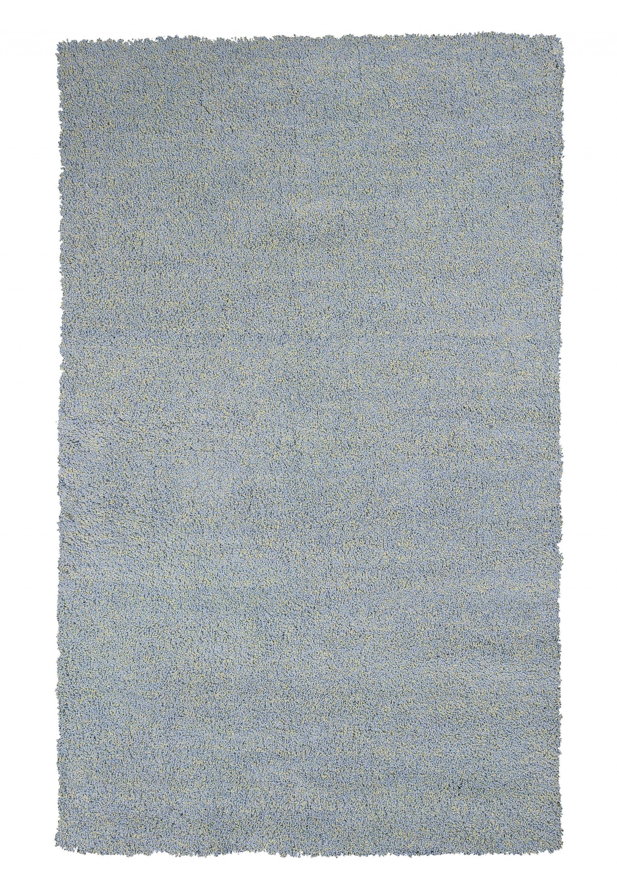 A 5x7 blue heather shag rug, hand woven from high-grade polyester with a soft texture and cotton backing, perfect for indoor use.