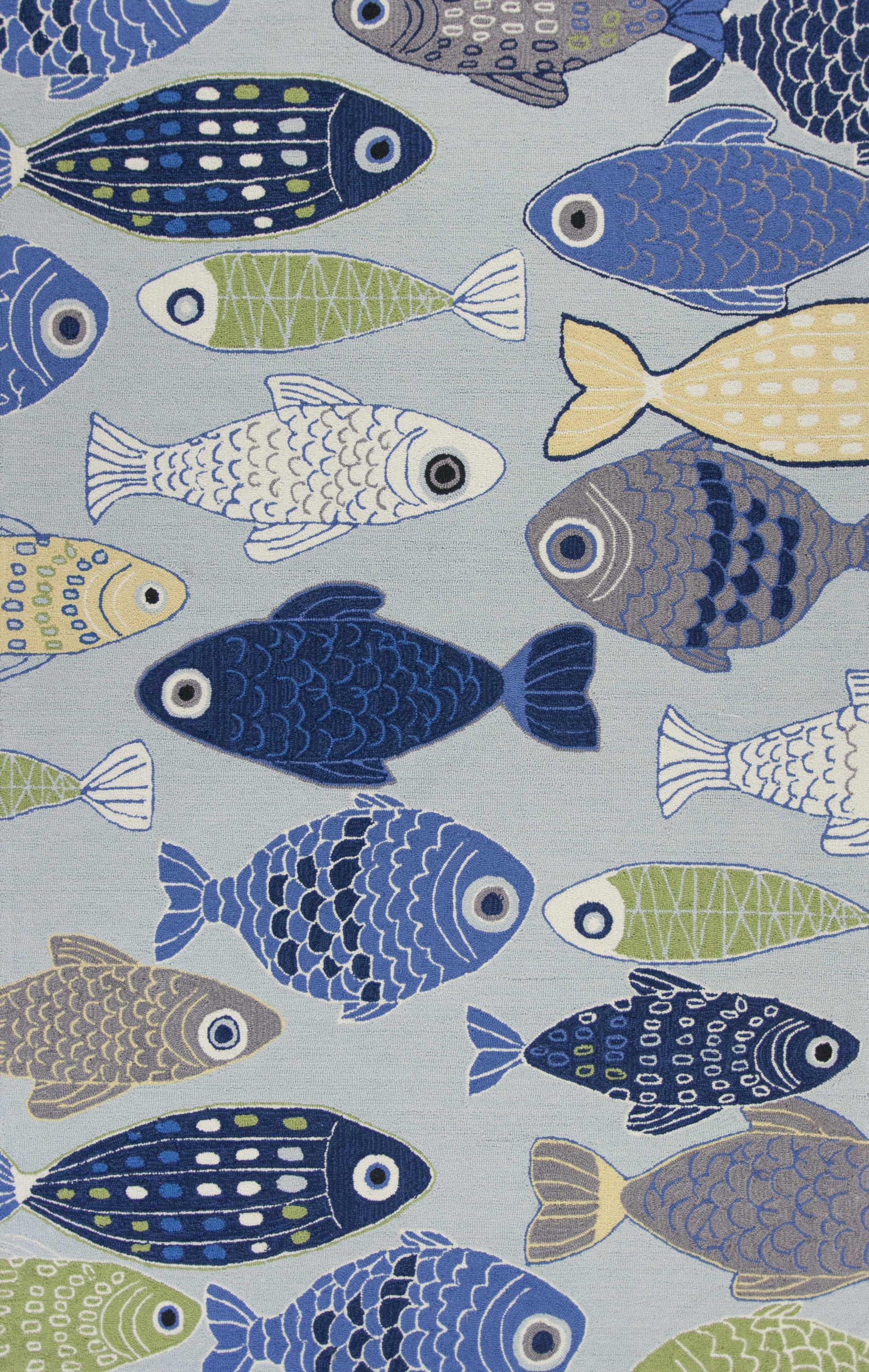 Light blue indoor area rug featuring a school of fish design, hand-hooked with polyester and cotton backing, perfect for modern home decor.