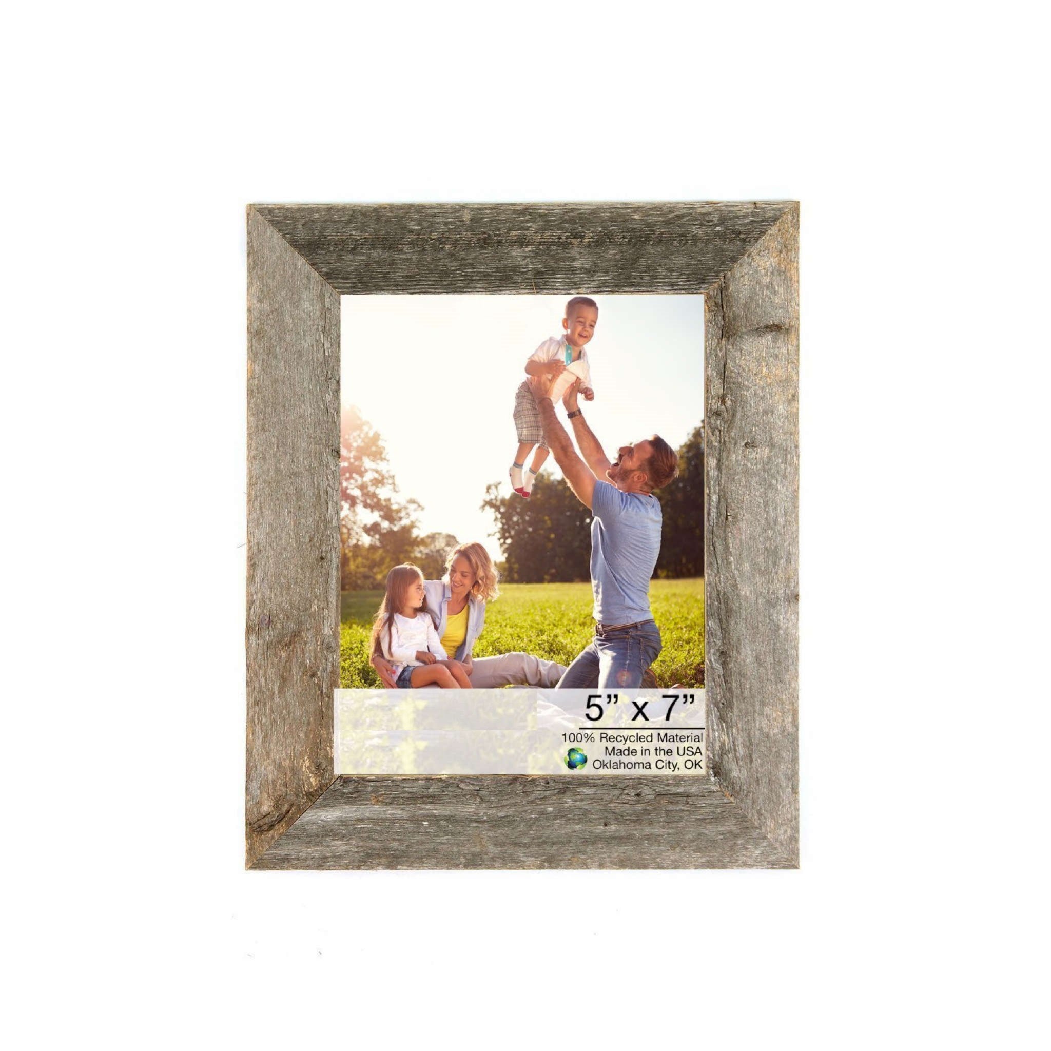 A rustic 5x7 natural weathered gray picture frame made from reclaimed wood, showcasing a beautiful photo.