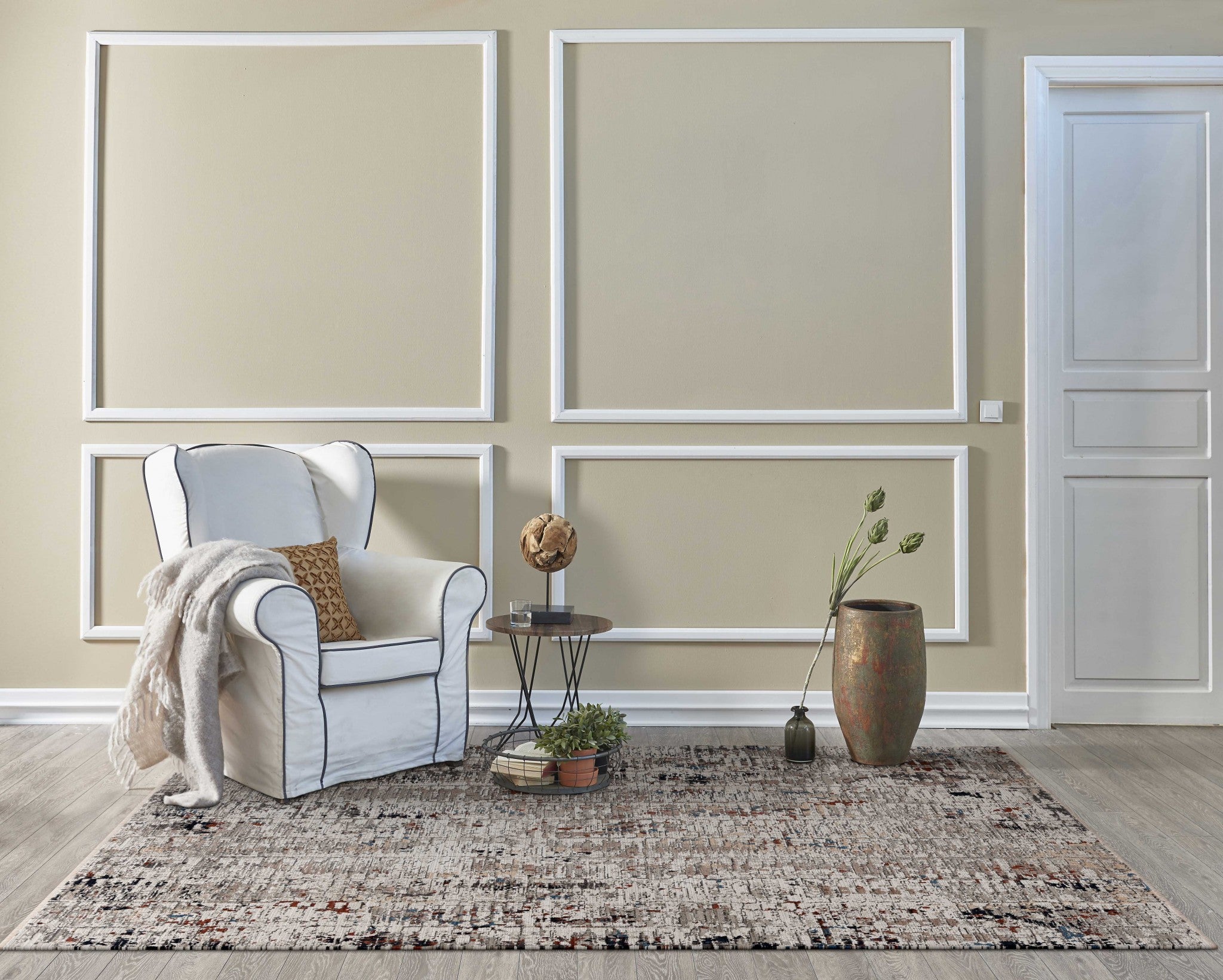 5x8 beige or grey abstract transitional indoor area rug with texture and metallic highlights, perfect for living room decor.