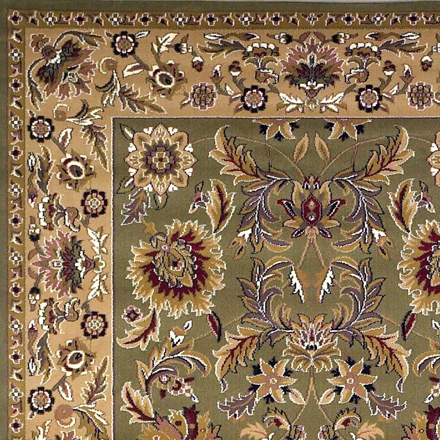 5x8 green and taupe floral bordered area rug showcasing intricate floral patterns and a vibrant color palette.