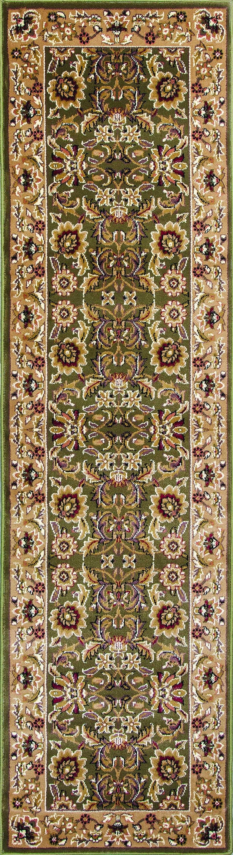 5x8 green and taupe floral bordered area rug showcasing intricate floral patterns and a vibrant color palette.