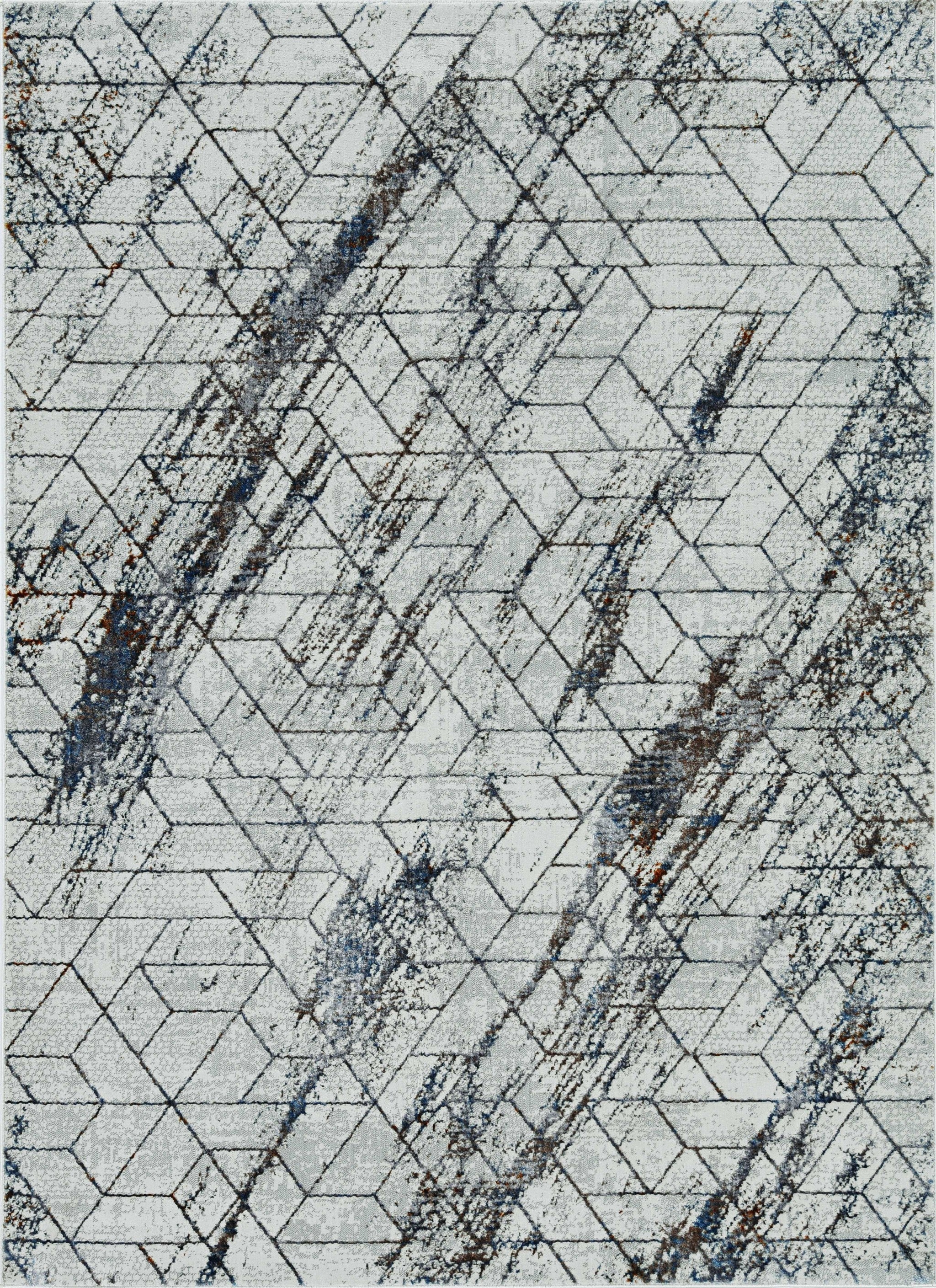 5 inches x 8 inches ivory geometric pattern indoor area rug with metallic highlights, showcasing a modern design suitable for various indoor spaces.