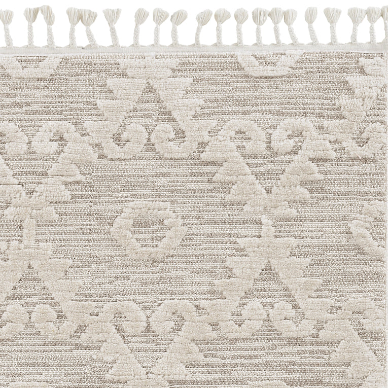 5x8 Ivory or Beige Geometric Diamond Indoor Area Rug with decorative fringe, showcasing a modern design suitable for living rooms.