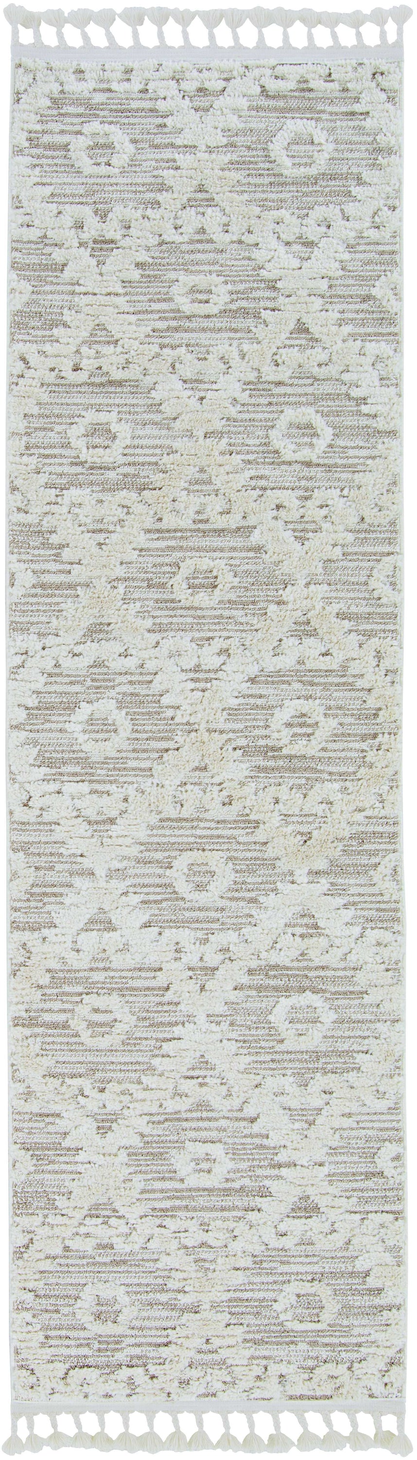 5x8 Ivory or Beige Geometric Diamond Indoor Area Rug with decorative fringe, showcasing a modern design suitable for living rooms.