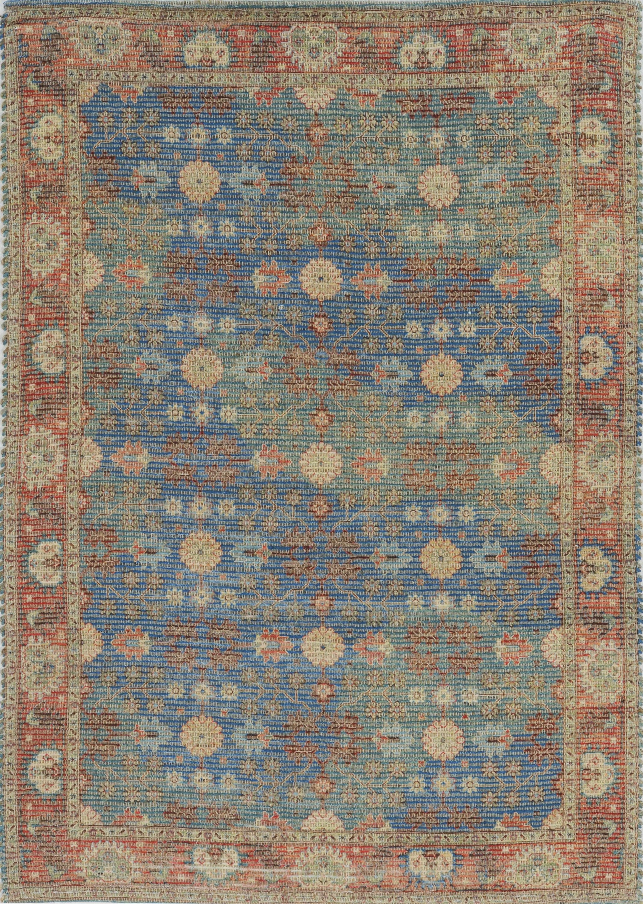 5x7 inches blue and red hand-woven floral traditional indoor area rug, showcasing vibrant colors and intricate floral patterns.
