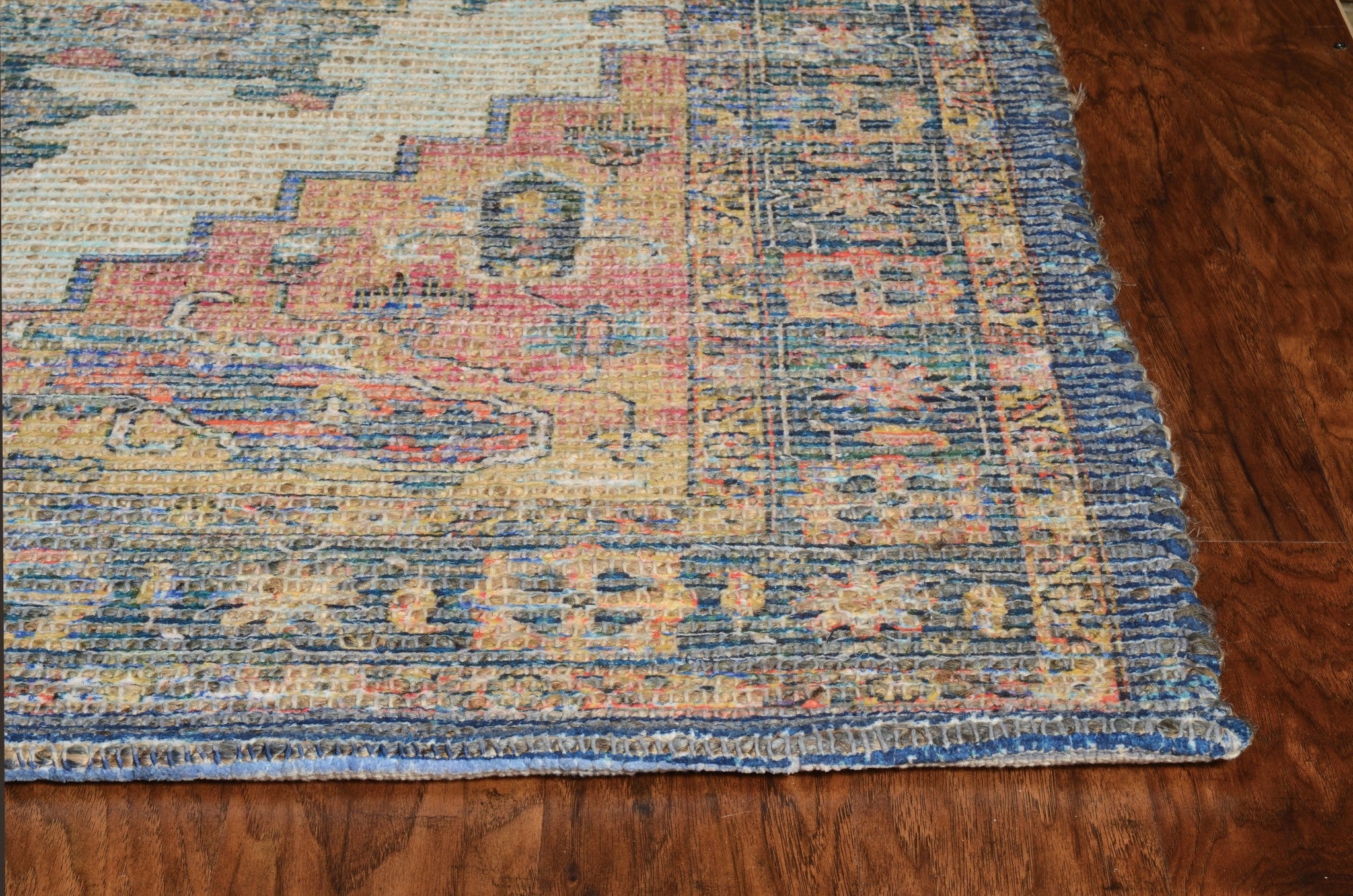 5x7 inches blue rust orange hand-woven diamond medallion indoor rug showcasing vibrant colors and intricate design.