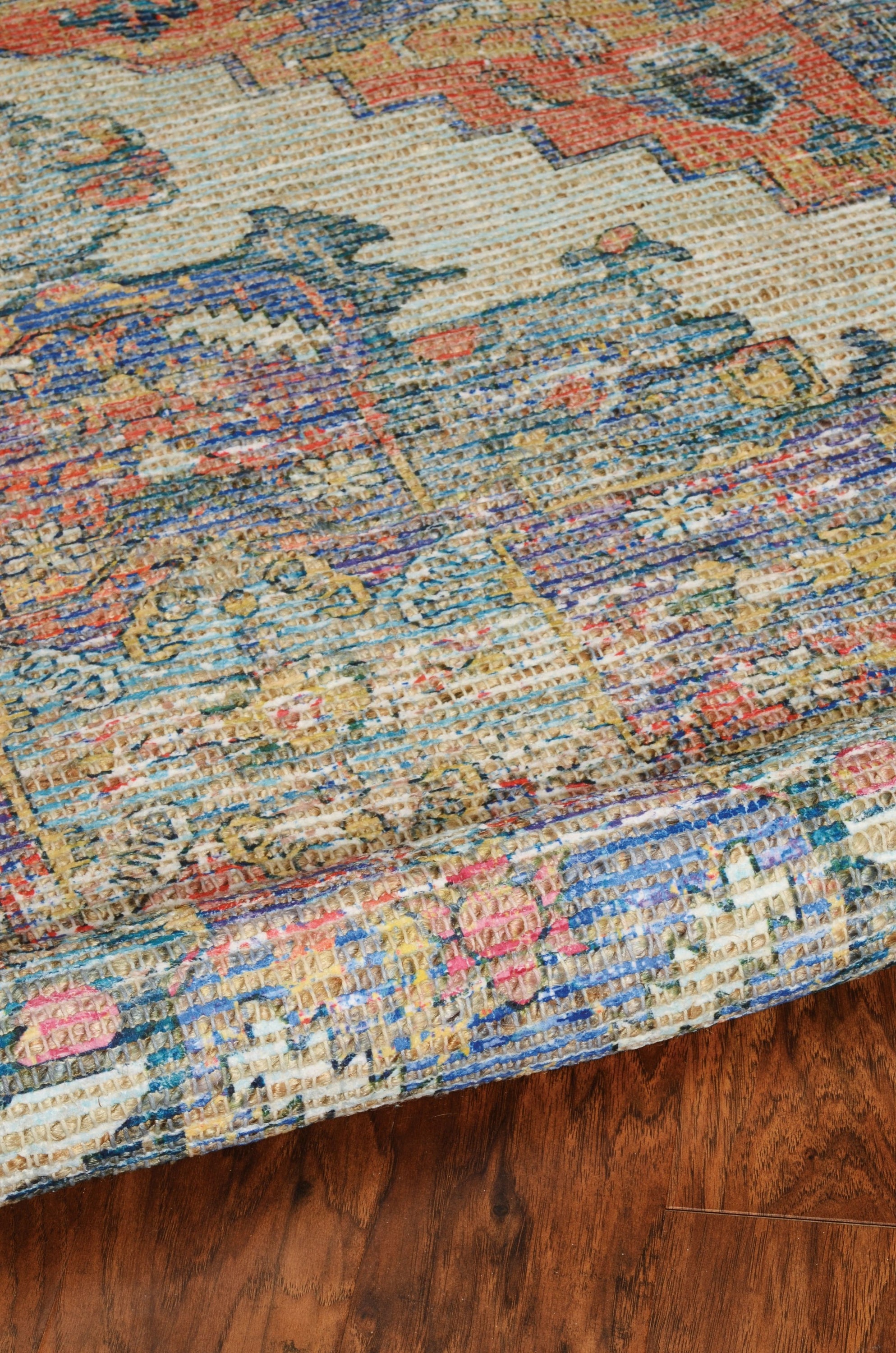 5x7 inches blue rust orange hand-woven diamond medallion indoor rug showcasing vibrant colors and intricate design.