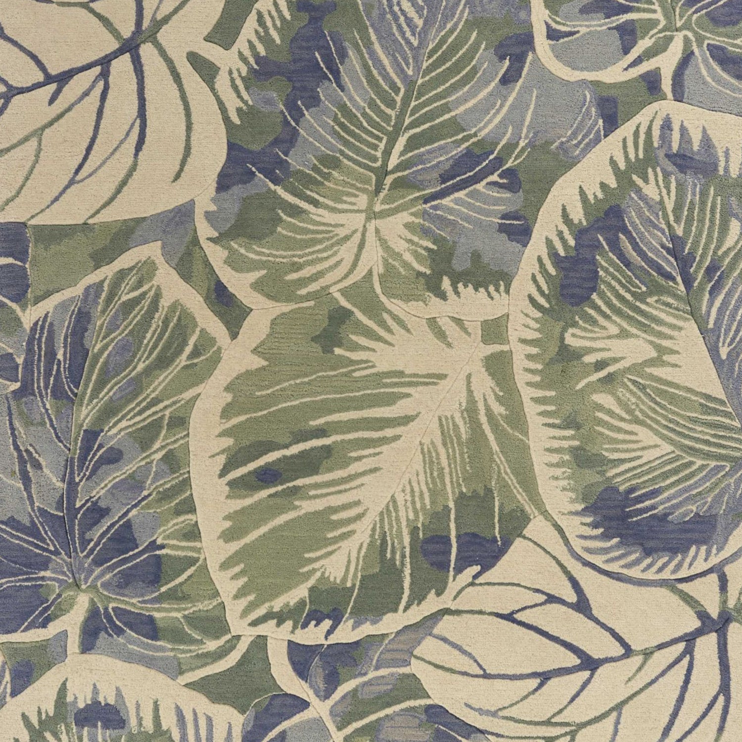 5 inches x 8 inches blue green hand tufted caladium indoor area rug with floral design, showcasing vibrant colors and soft texture.