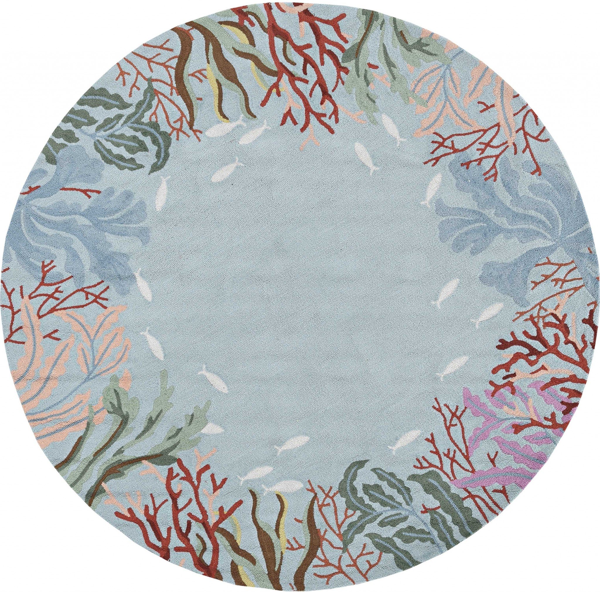 5x8 Blue Hand Hooked Bordered Coral Reef Indoor Area Rug with intricate coral reef design and soft texture.