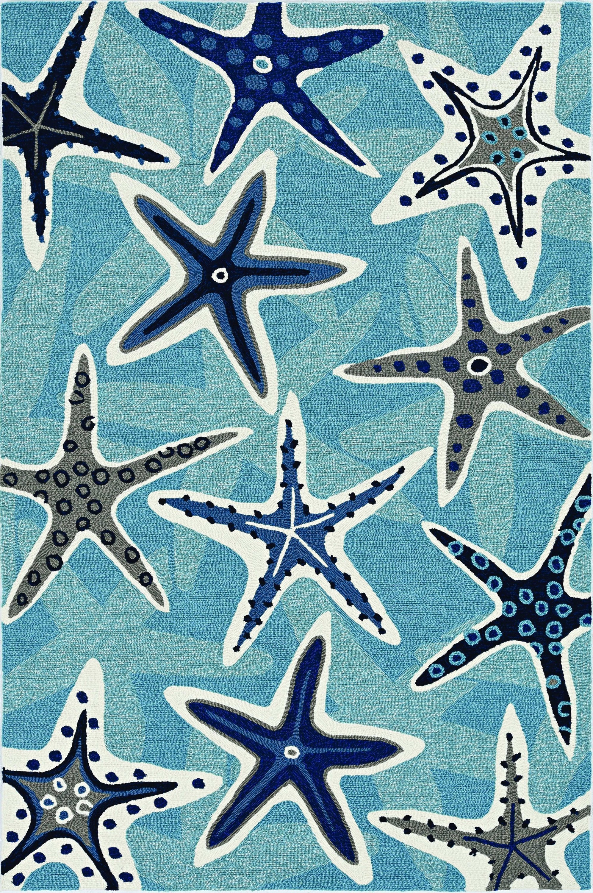 5x8 Blue Hand Woven UV Treated Coastal Starfish rug, showcasing intricate starfish design and vibrant blue color, perfect for indoor and outdoor use.