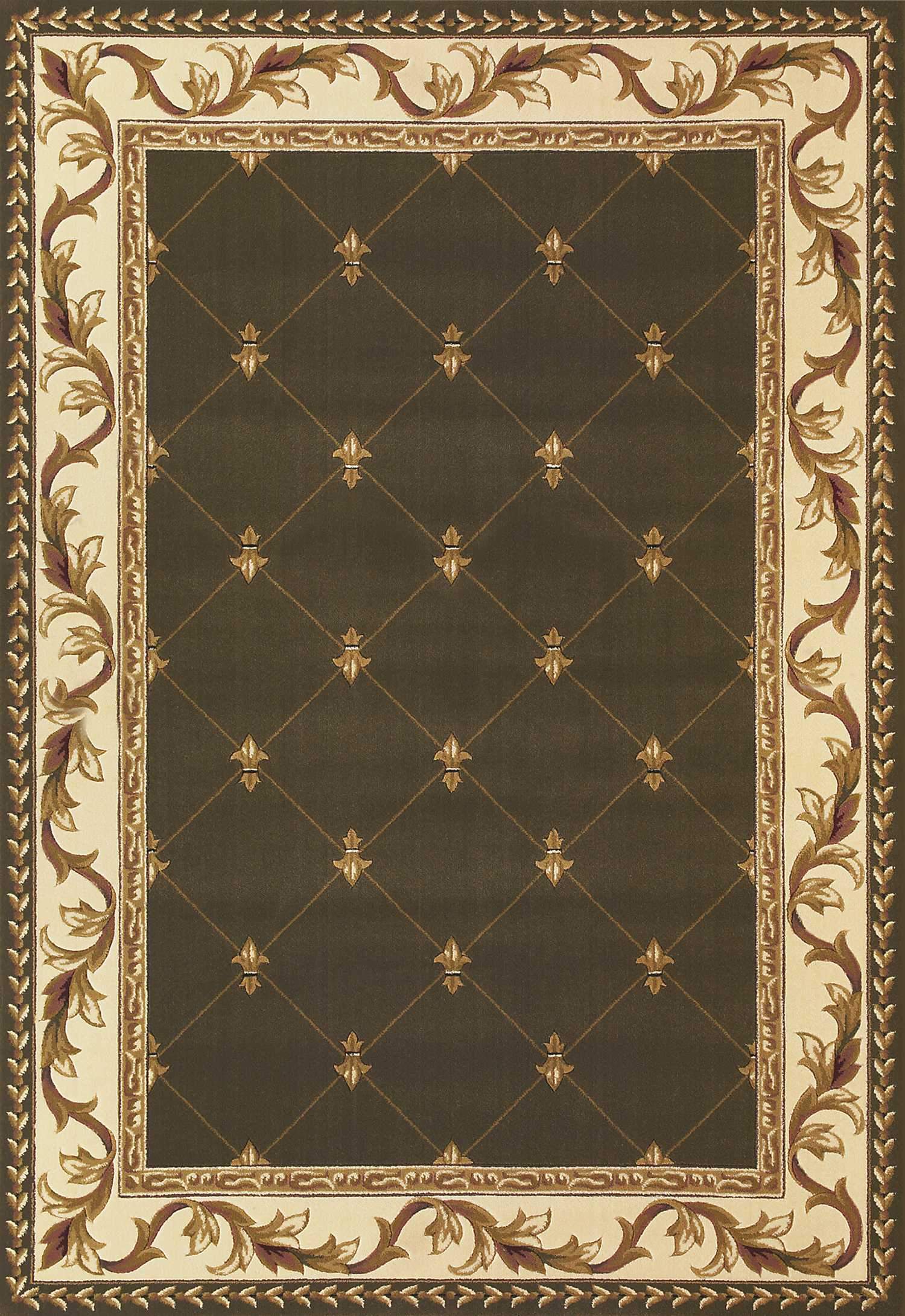 A beautifully crafted green fleur-de-lis indoor rug, showcasing intricate hand-carved details and a machine-woven design, perfect for home decor.