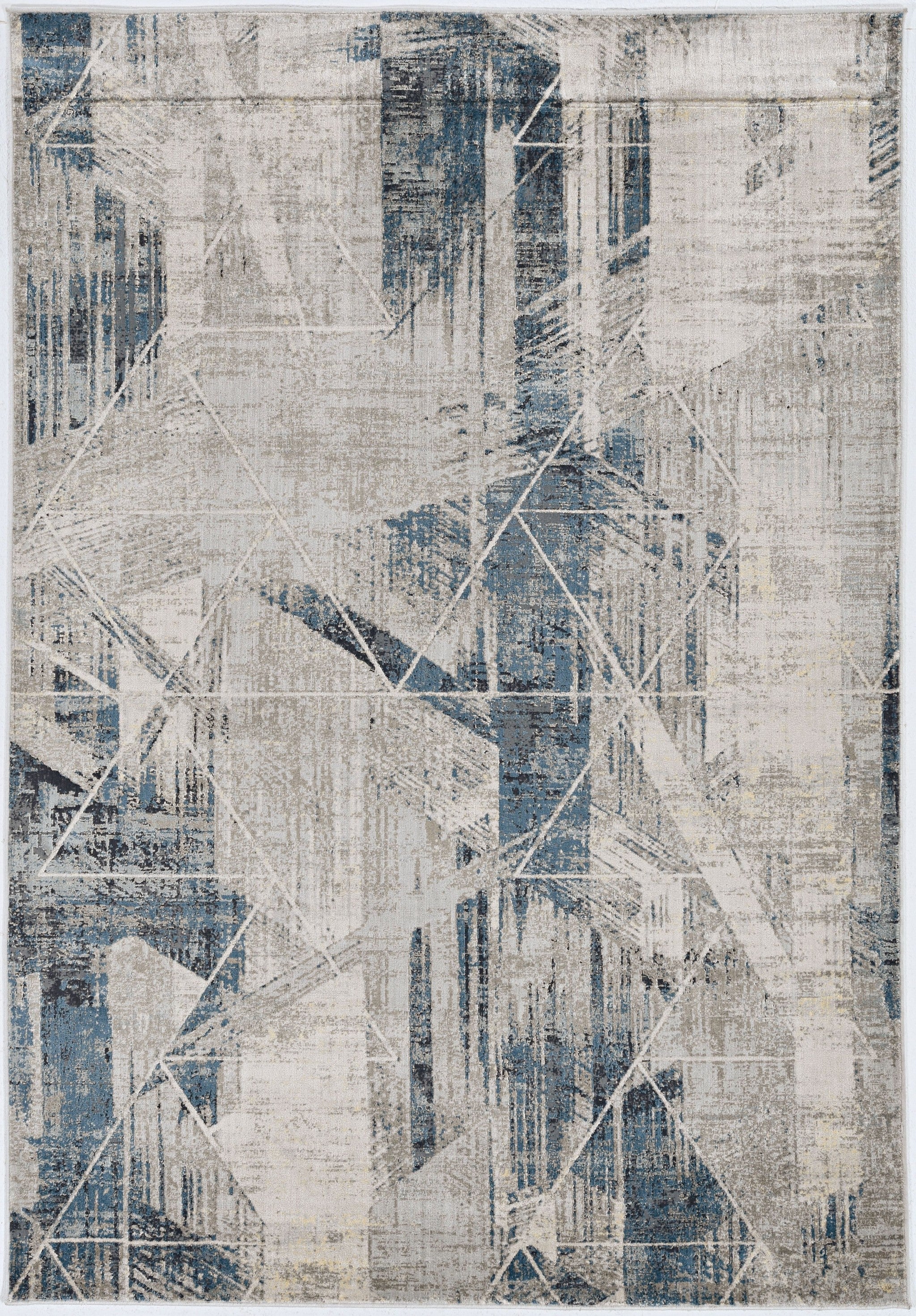 5x8 grey blue machine woven abstract geometric indoor area rug with metallic accents, showcasing a contemporary design.