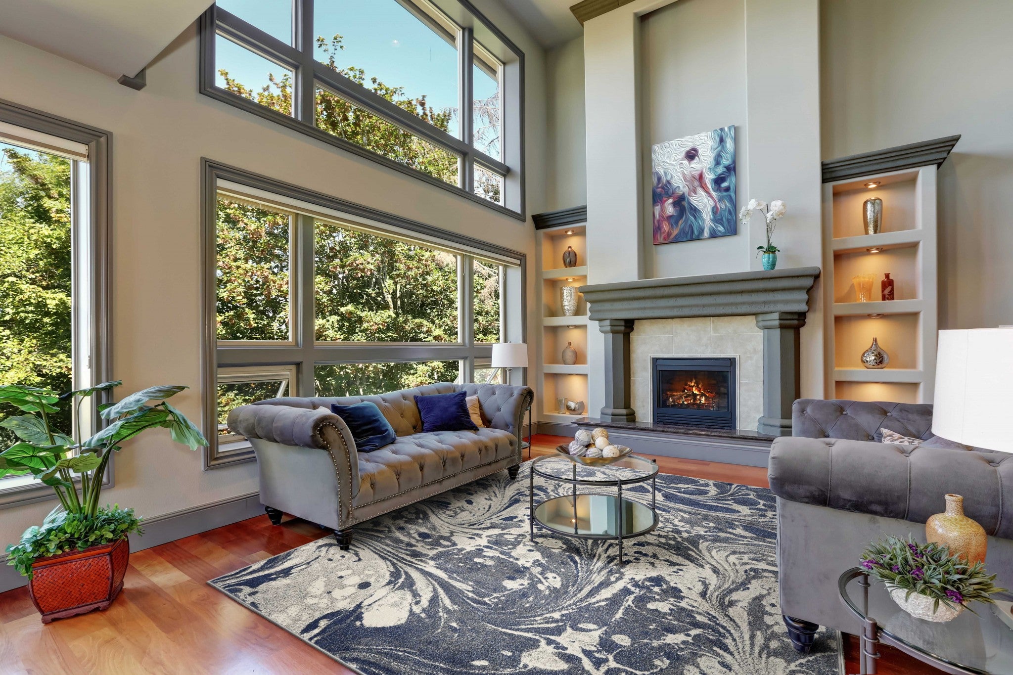 5x8 Grey Blue Machine Woven Marble Indoor Area Rug with abstract watercolor patterns, perfect for contemporary living spaces.