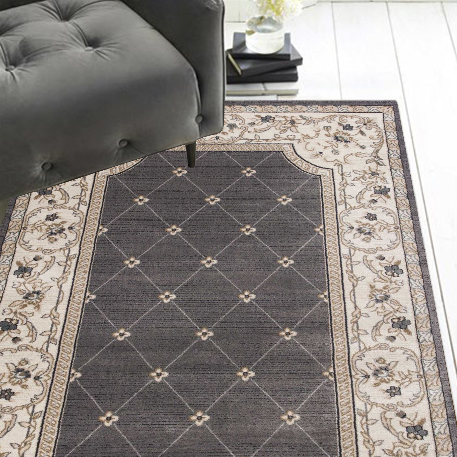 5x8 Grey Ivory Bordered Floral Indoor Area Rug featuring a floral border design, perfect for enhancing home decor.