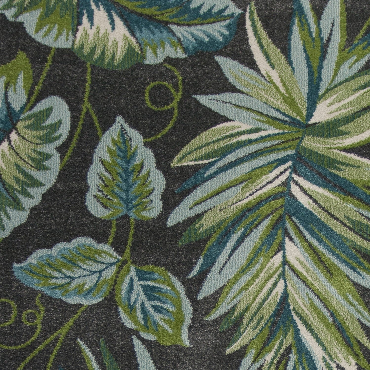 5x8 Grey Teal Machine Woven Tropical Indoor Area Rug featuring floral and leaf patterns in a watercolor design.
