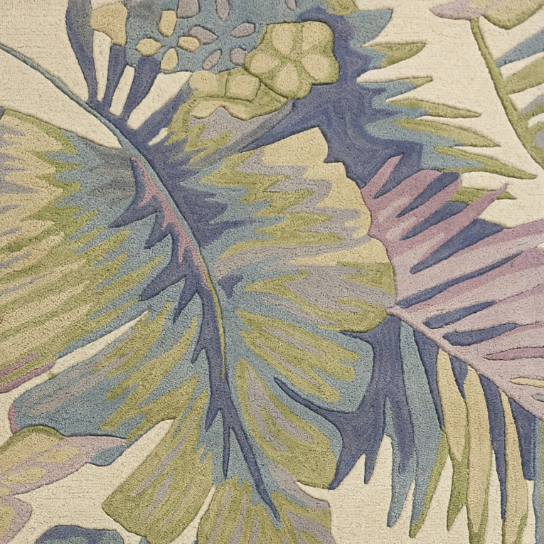 5x8 Pastel Ivory Hand Tufted Tropical Plants Indoor Area Rug with floral designs and vintage finish.