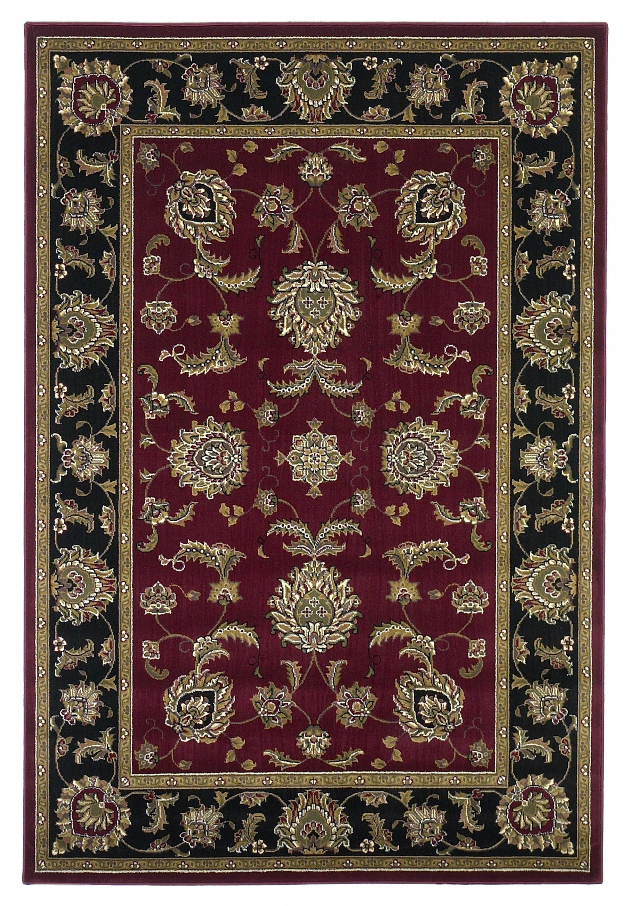 5x8 red and black machine woven floral traditional indoor area rug, showcasing intricate floral patterns and vibrant colors.