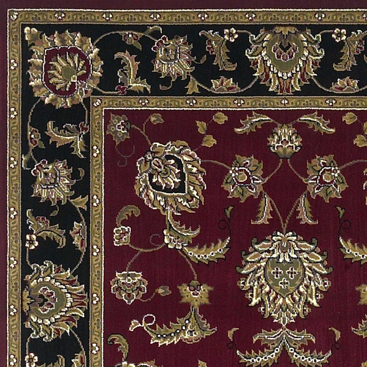 5x8 red and black machine woven floral traditional indoor area rug, showcasing intricate floral patterns and vibrant colors.