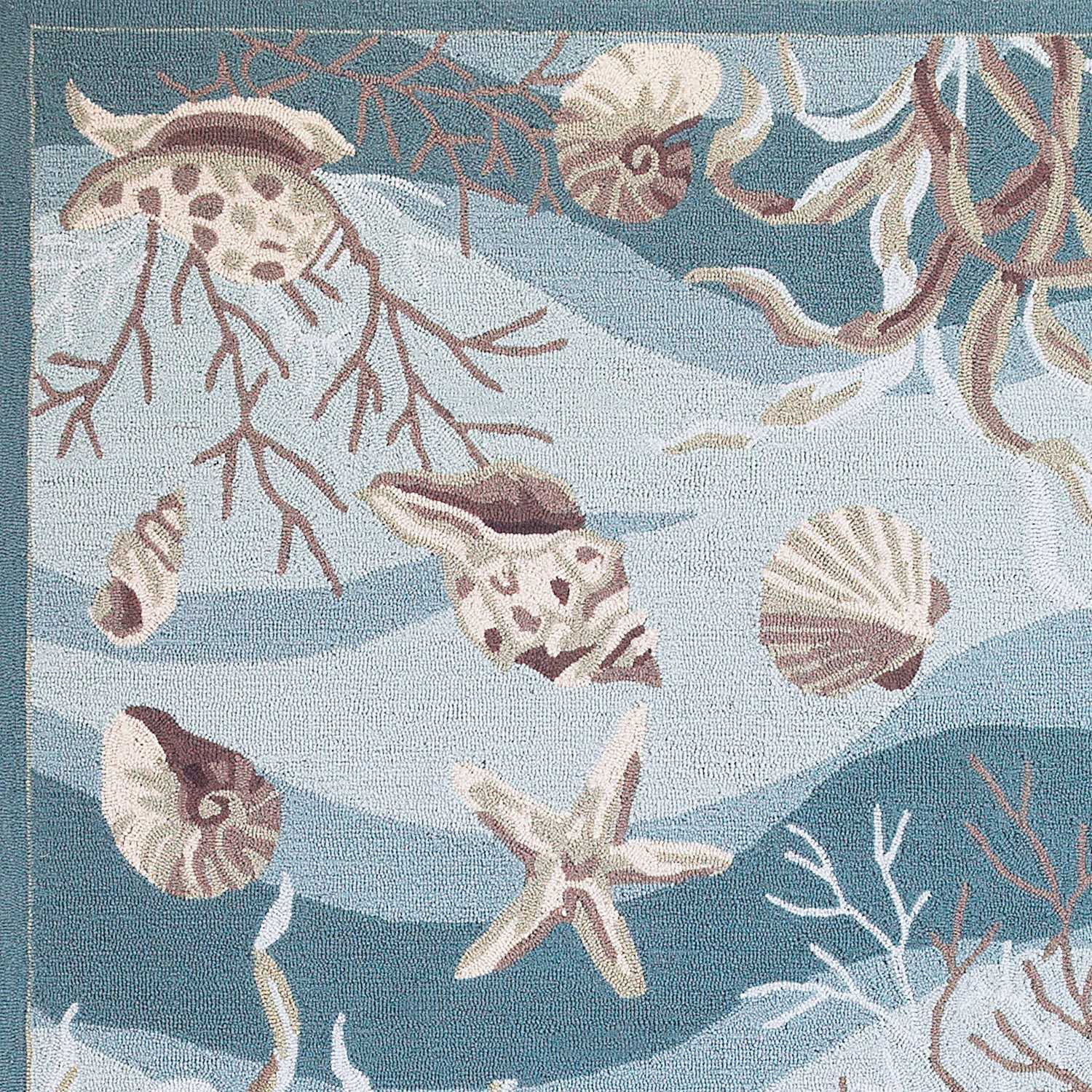 5x8 Seafoam Green Hand Hooked Indoor Area Rug featuring intricate sea shell designs, perfect for enhancing home decor.