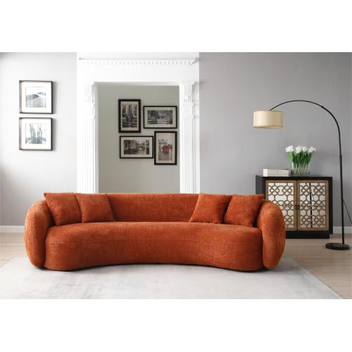 5-Seater Boucle Sofa in modern half-moon design, upholstered in orange boucle fabric with four throw pillows.