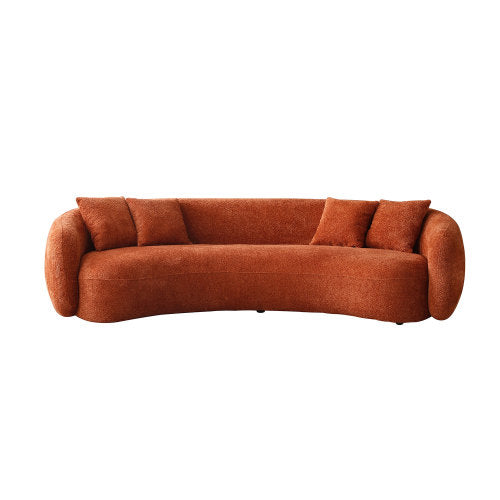 5-Seater Boucle Sofa in modern half-moon design, upholstered in orange boucle fabric with four throw pillows.