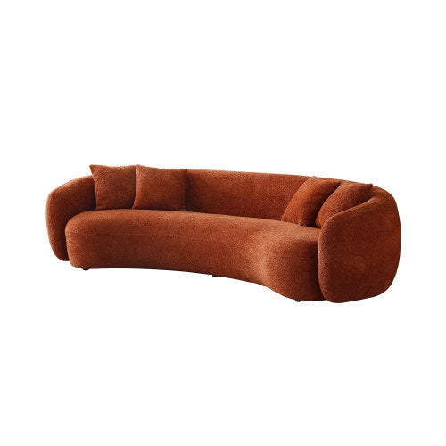 5-Seater Boucle Sofa in modern half-moon design, upholstered in orange boucle fabric with four throw pillows.