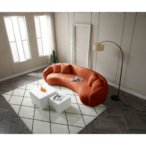 5-Seater Boucle Sofa in modern half-moon design, upholstered in orange boucle fabric with four throw pillows.