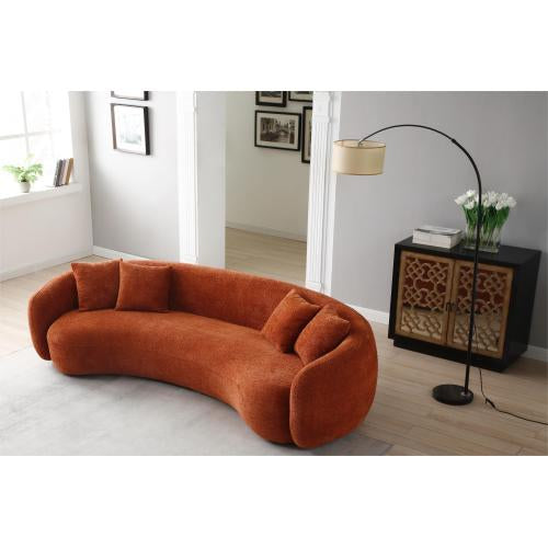 5-Seater Boucle Sofa in modern half-moon design, upholstered in orange boucle fabric with four throw pillows.