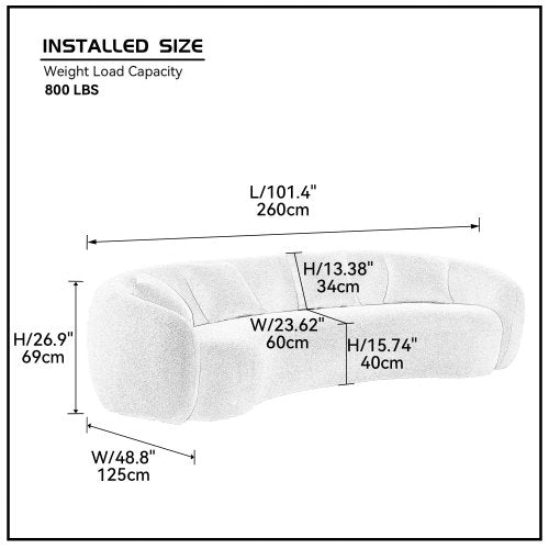 5-Seater Boucle Sofa in modern half-moon design, upholstered in orange boucle fabric with four throw pillows.