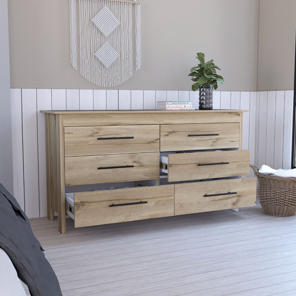 Wezz 6 Drawer Double Dresser in light oak finish with black metal pulls and four legs, showcasing spacious drawers and a stylish top surface.