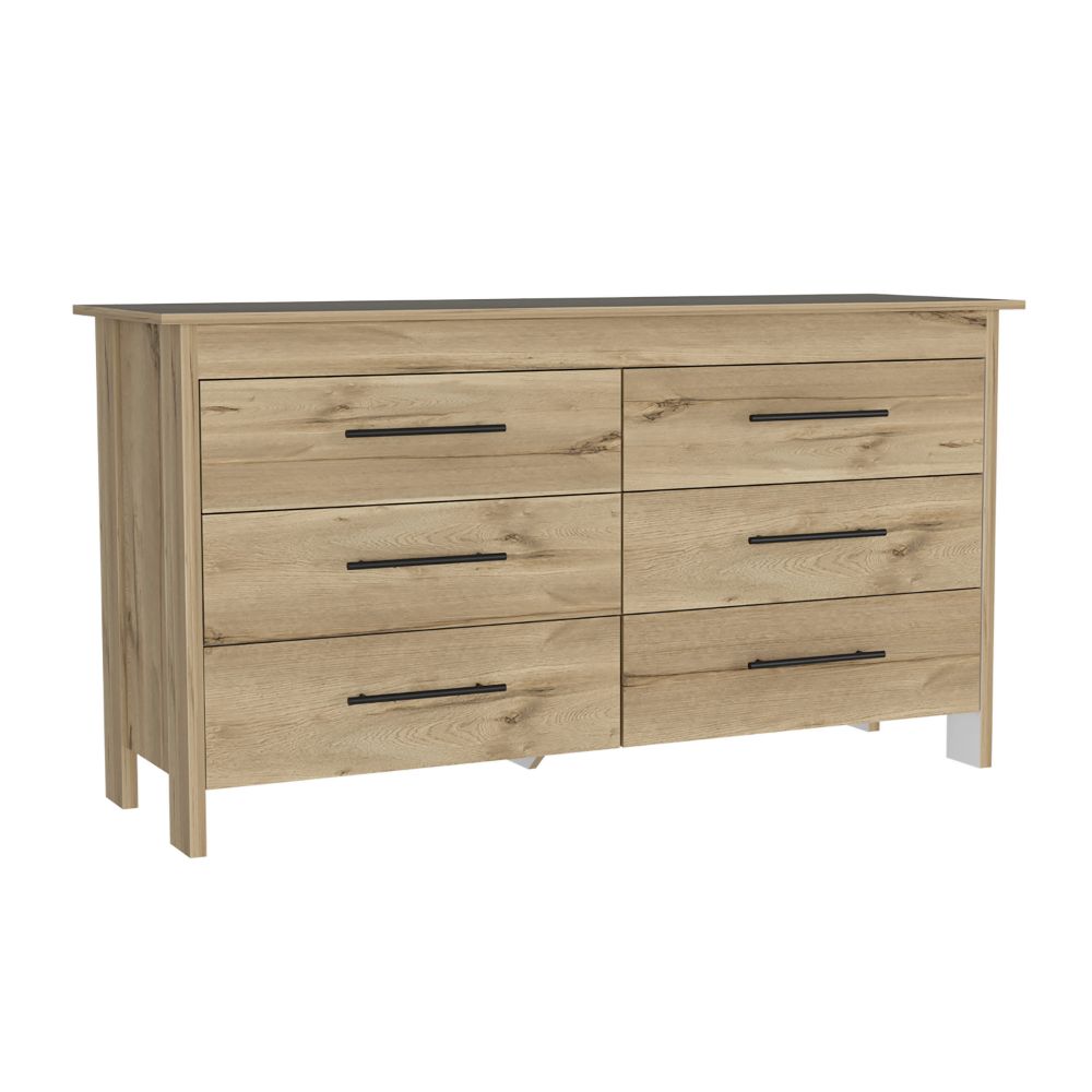 Wezz 6 Drawer Double Dresser in light oak finish with black metal pulls and four legs, showcasing spacious drawers and a stylish top surface.