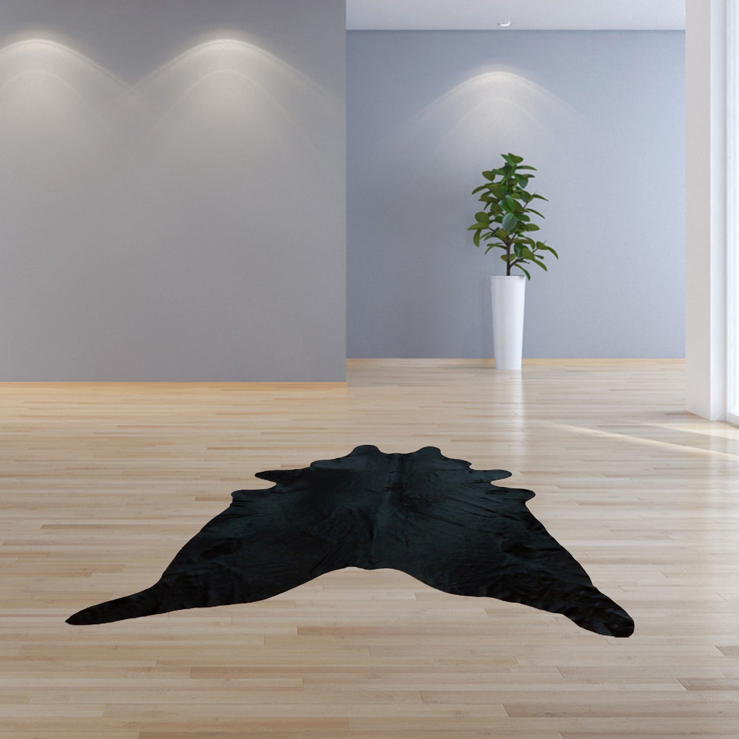 A luxurious 6 Ft Natural Black Brindled Cowhide Rug showcasing a unique brindled pattern, perfect for enhancing home decor.