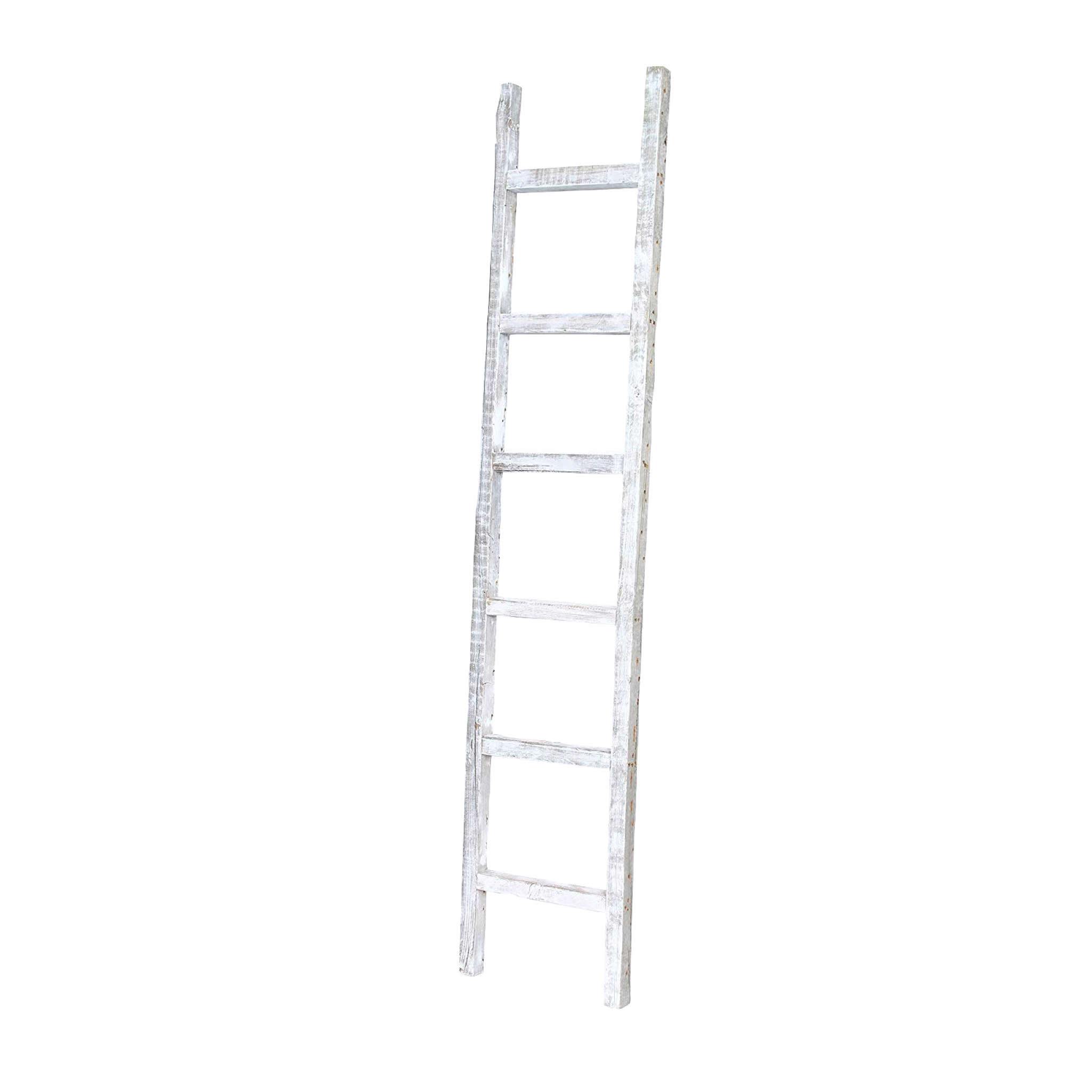6 Step Rustic White Wash Wood Ladder Shelf showcasing its unique design and rustic finish, perfect for home decor.