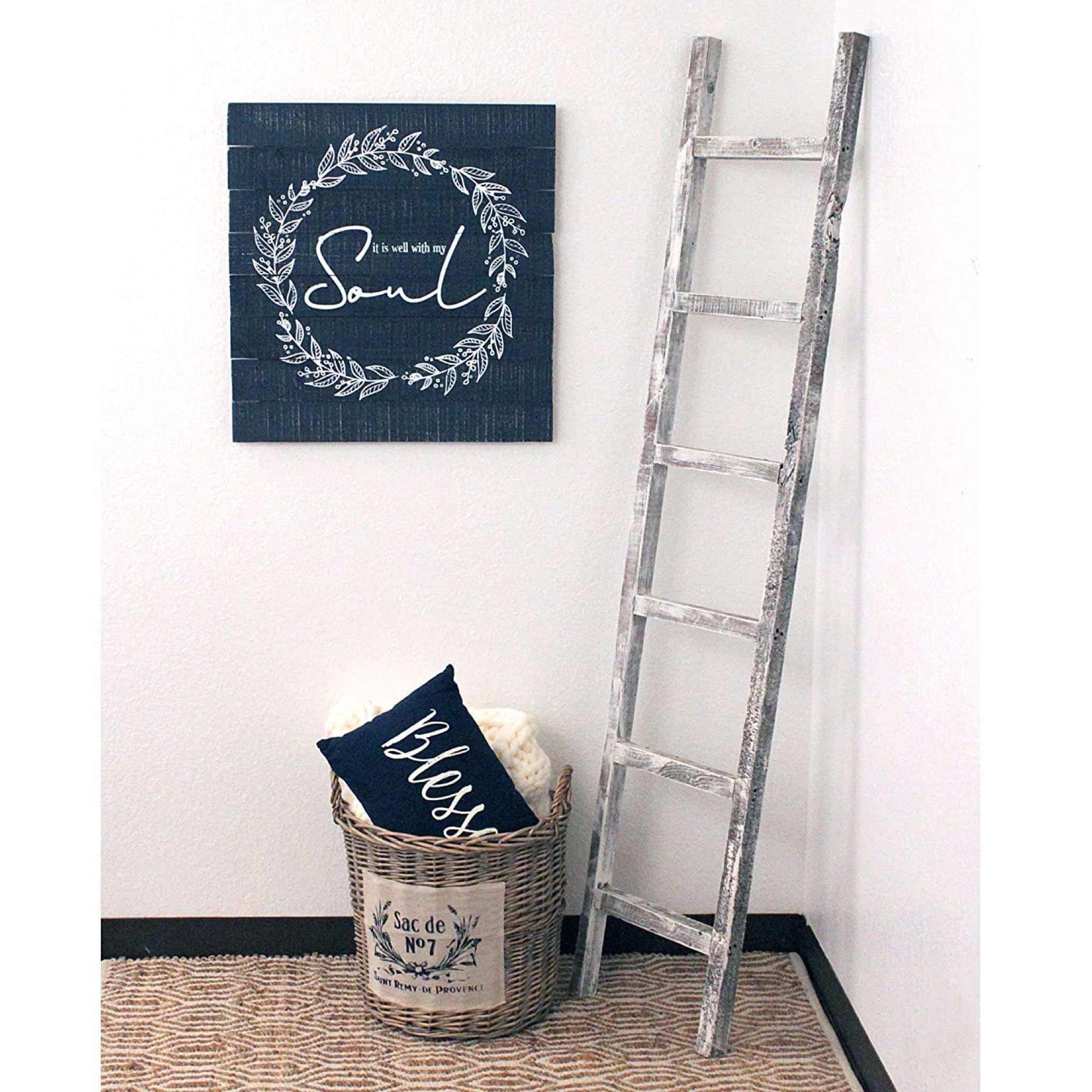6 Step Rustic White Wash Wood Ladder Shelf showcasing its unique design and rustic finish, perfect for home decor.