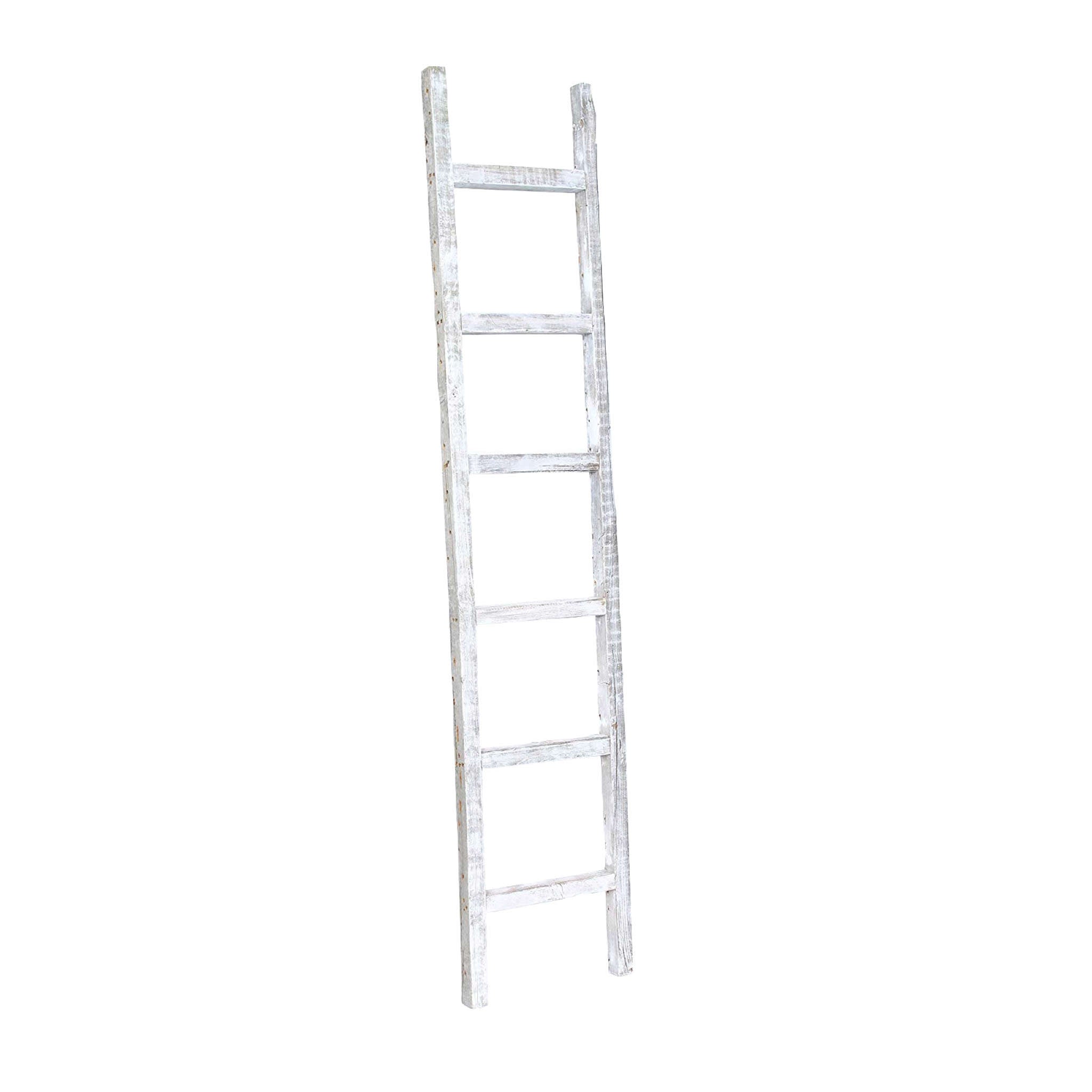 6 Step Rustic White Wash Wood Ladder Shelf showcasing its unique design and rustic finish, perfect for home decor.