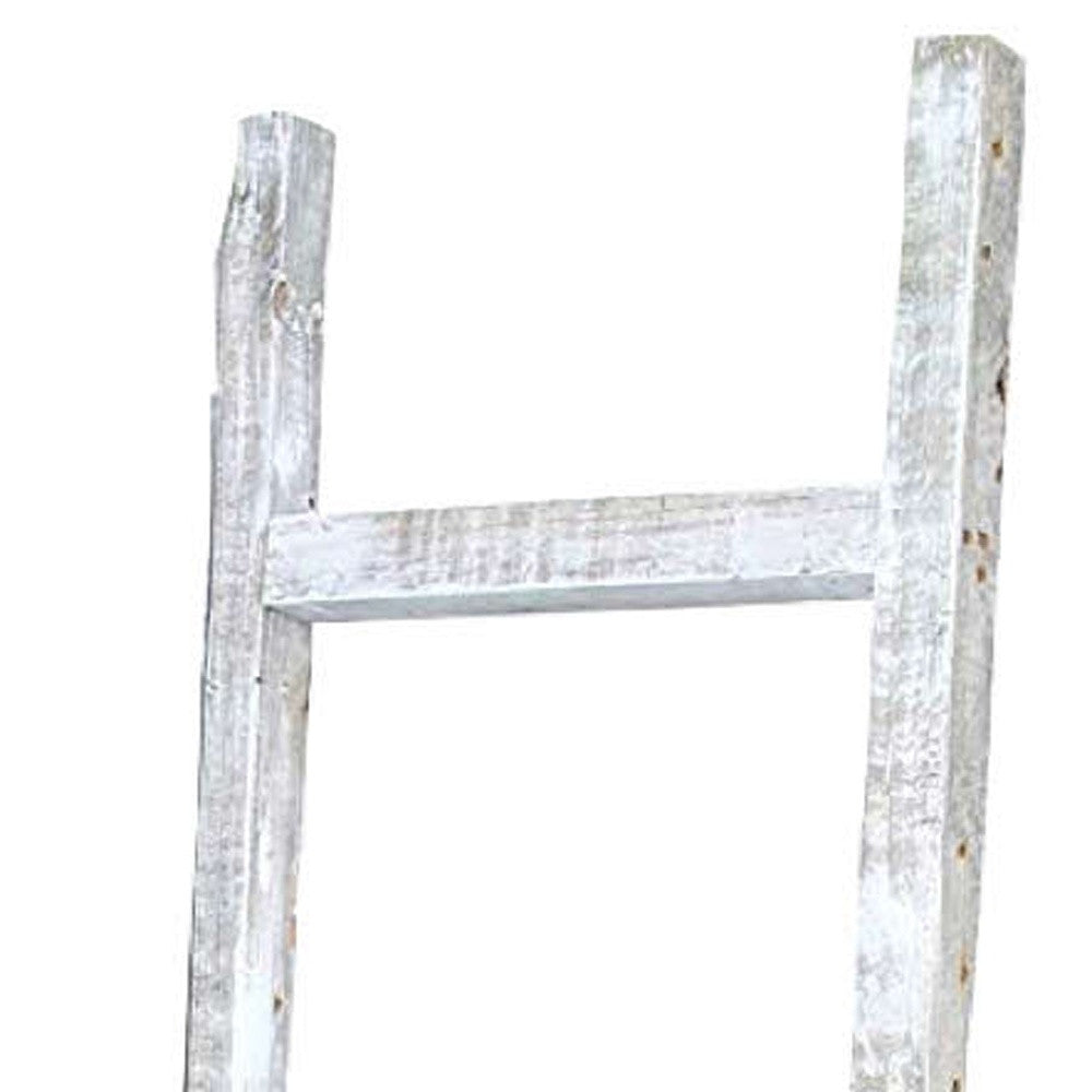 6 Step Rustic White Wash Wood Ladder Shelf showcasing its unique design and rustic finish, perfect for home decor.